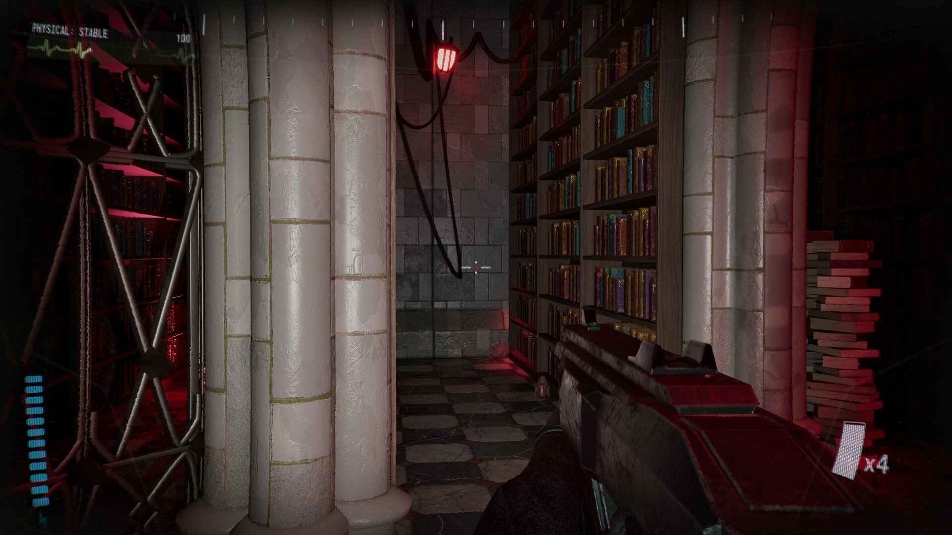 Dreadtome: First-person view in dark library corridor with gun and health bar in eerie red lighting