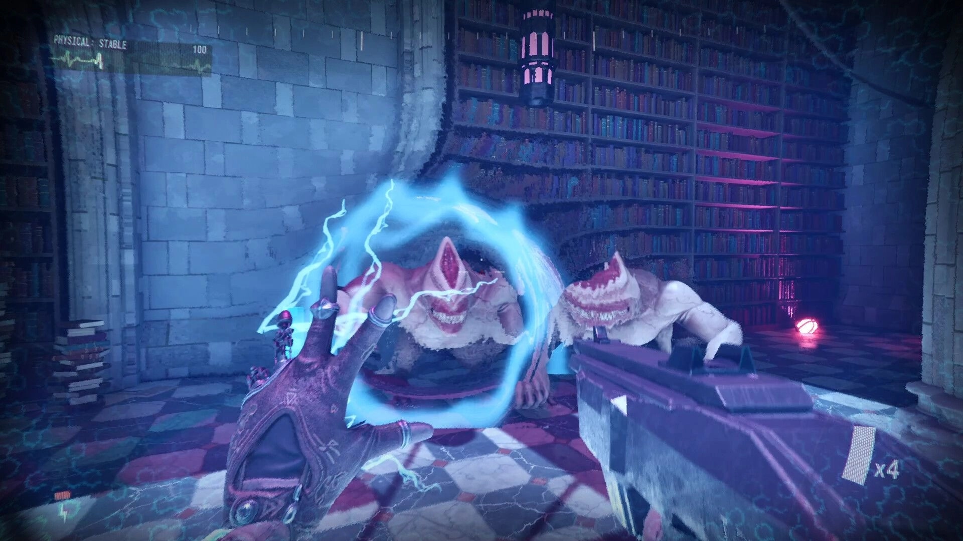 Dreadtome: Casting a spell against two monstrous entities in a dimly lit library filled with shelves.