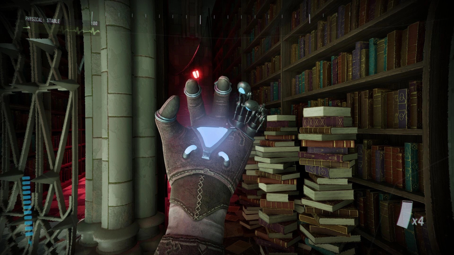 Dreadtome: Player's gloved hand with glowing symbols amidst towering bookshelves in a dark library