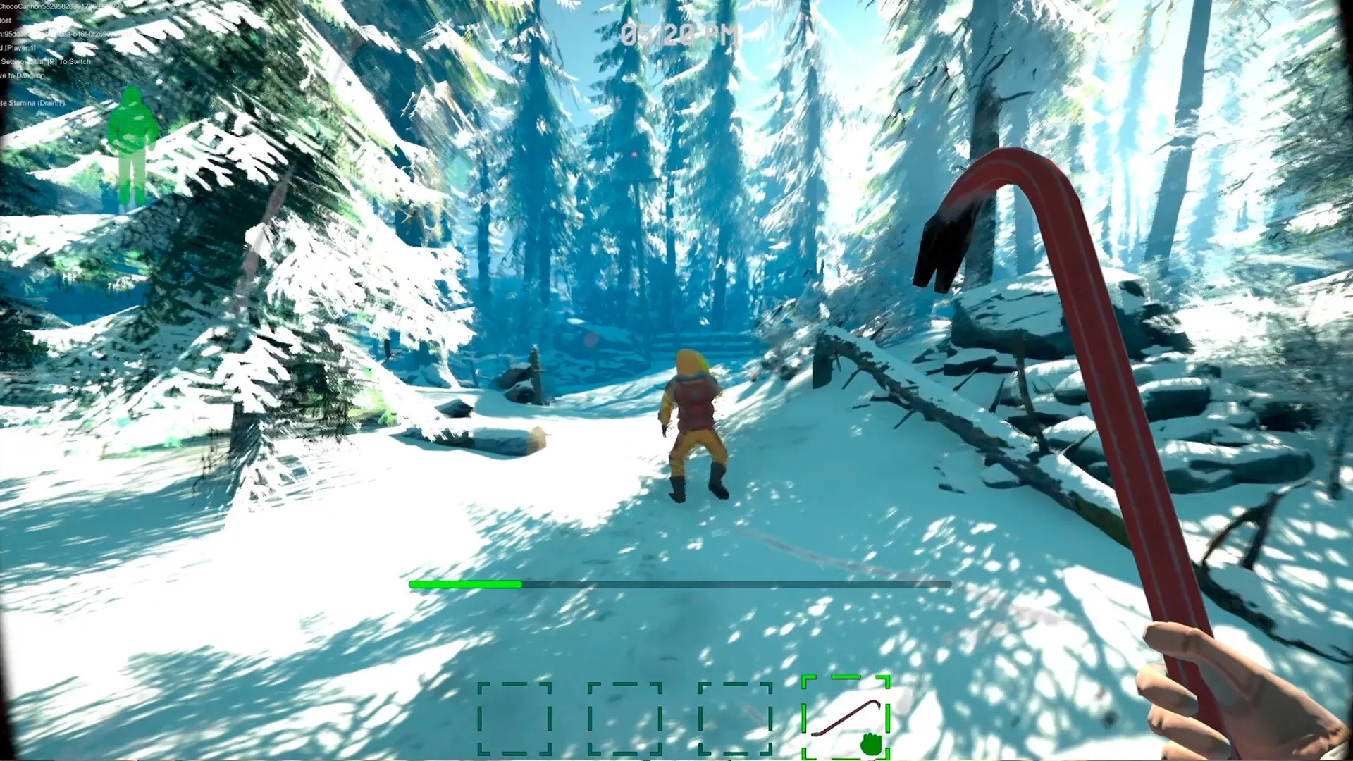 Dreadway: First-person view with crowbar in snowy forest, inventory bar and time displayed