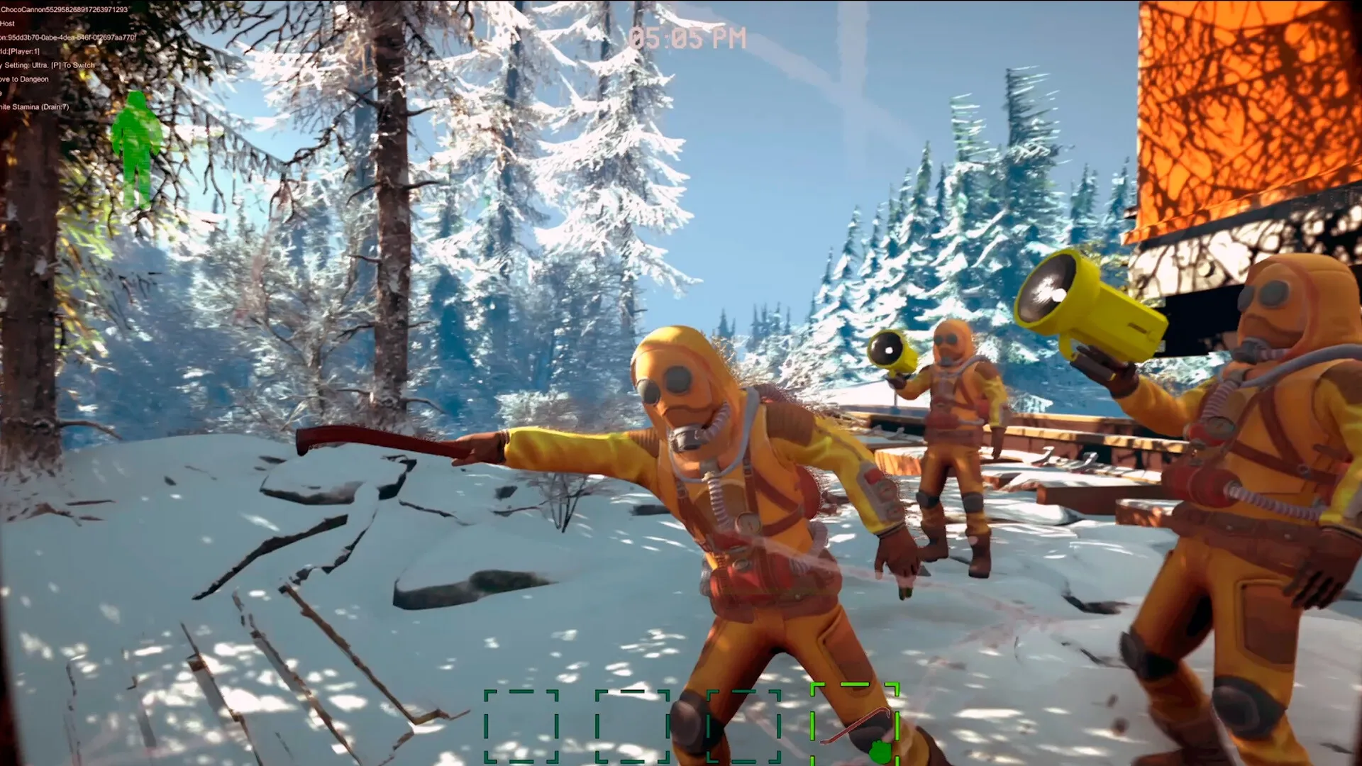 Dreadway: Characters in hazmat suits explore snowy forest with flashlights near the train tracks.