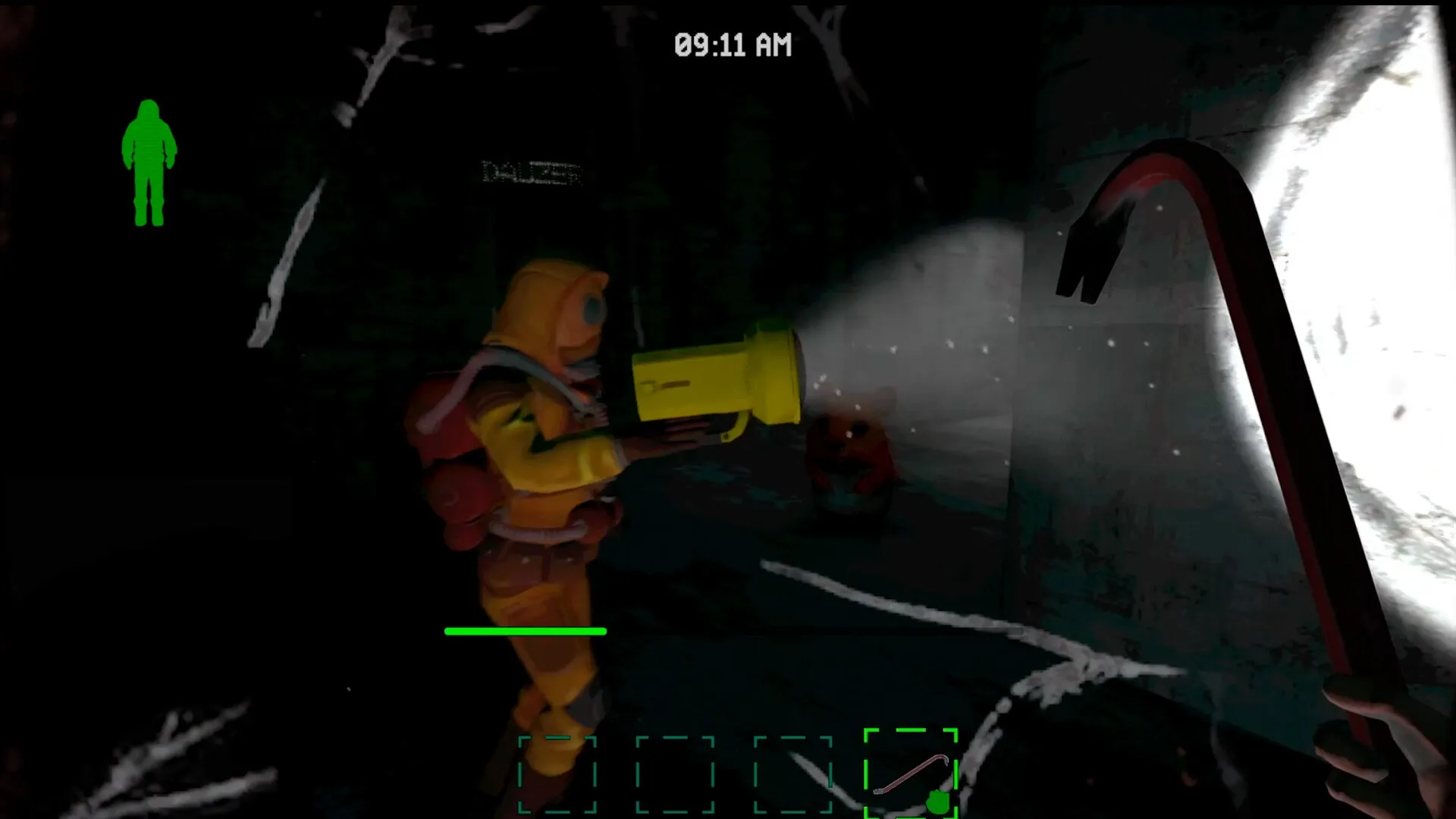Dreadway: Character in hazmat suit explores dark tunnel with flashlight and crowbar at 09:11 AM