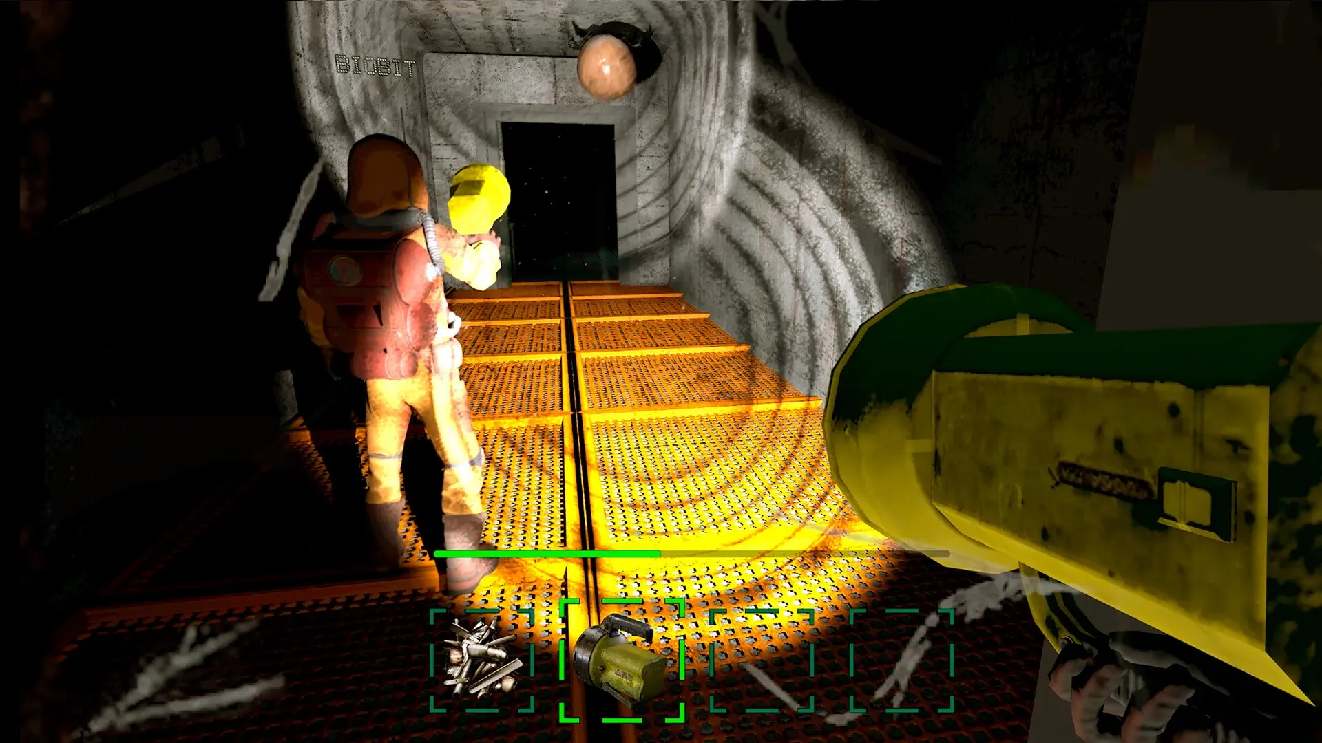 Dreadway: Two characters exploring a dark tunnel with flashlights, collecting scrap items on metal floor
