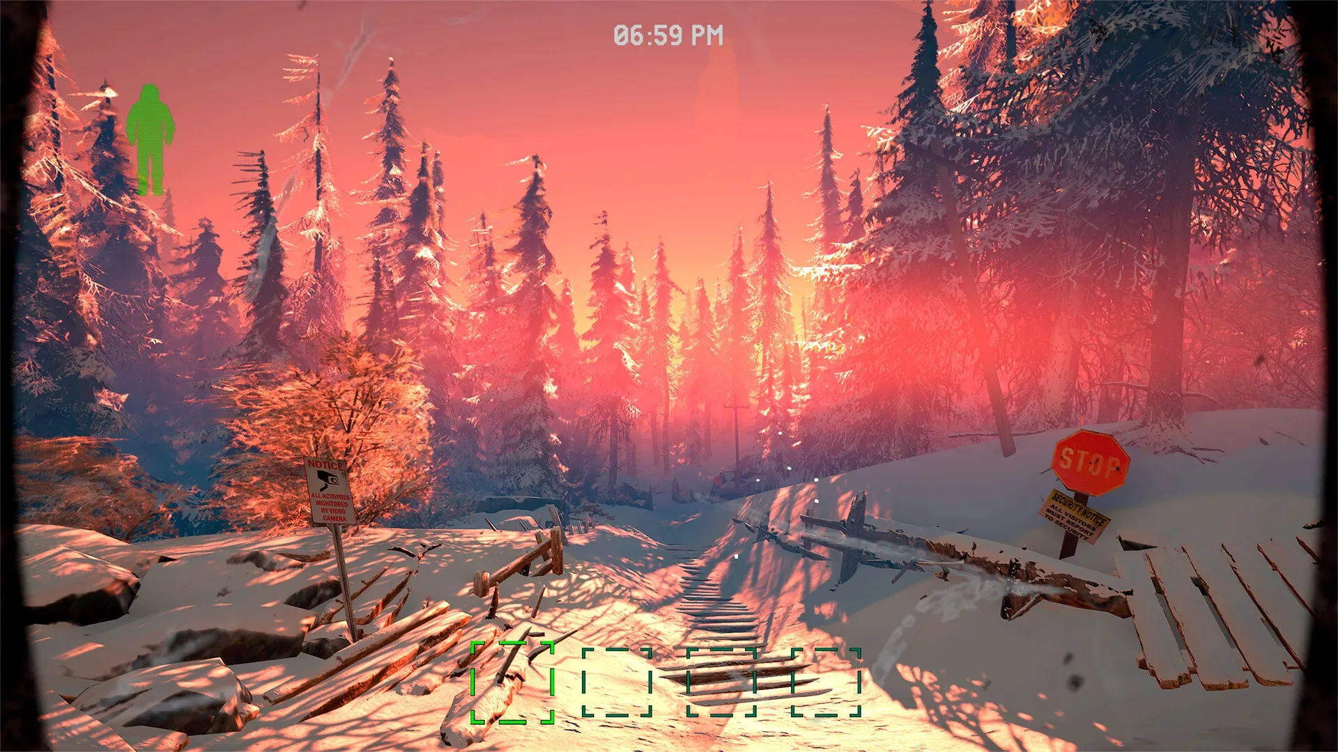 Dreadway: Sunset over snowy forest path with stop sign and time display, 06:59 PM