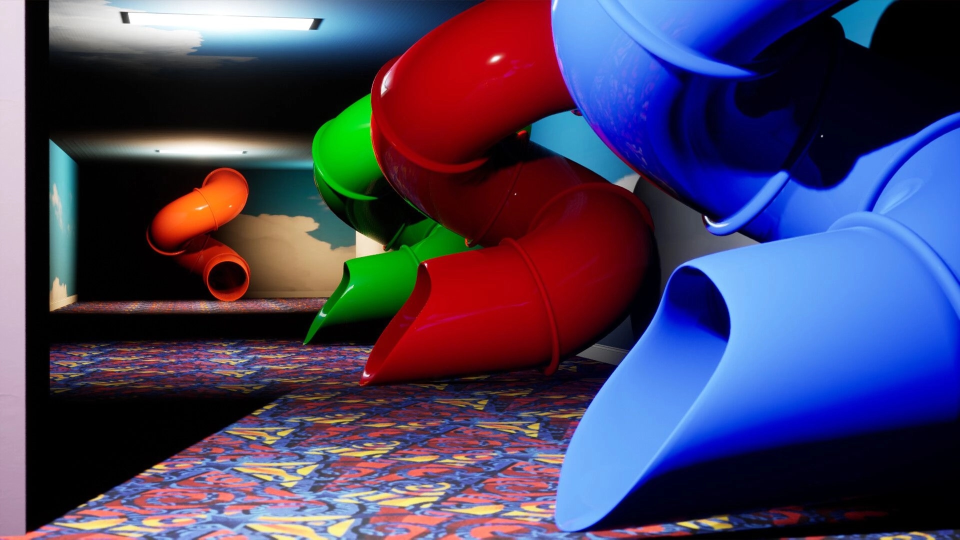 Dream Corps: Colorful twisting slides in a surreal hallway with patterned carpet and cloud murals