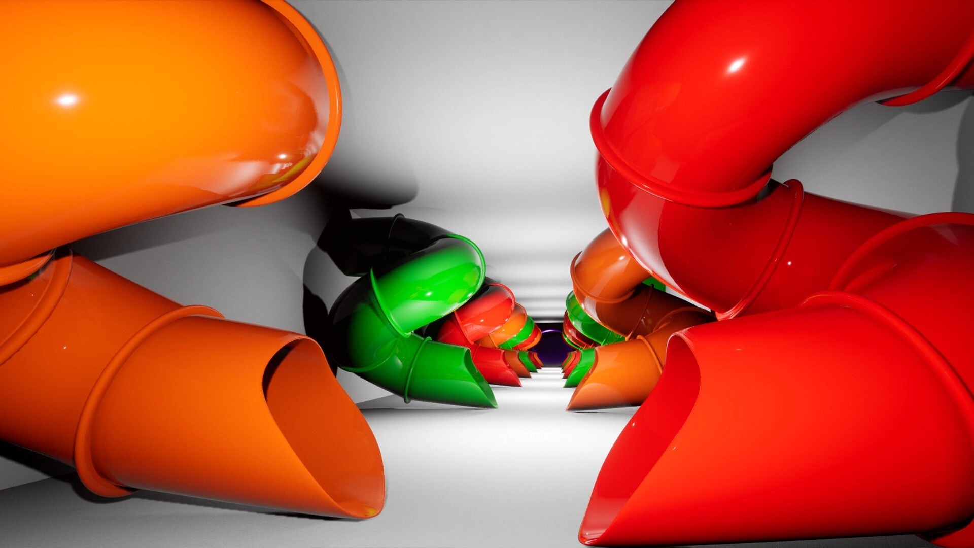 Dream Corps: Twisting colorful tubes creating a surreal, maze-like environment in a bizarre corridor