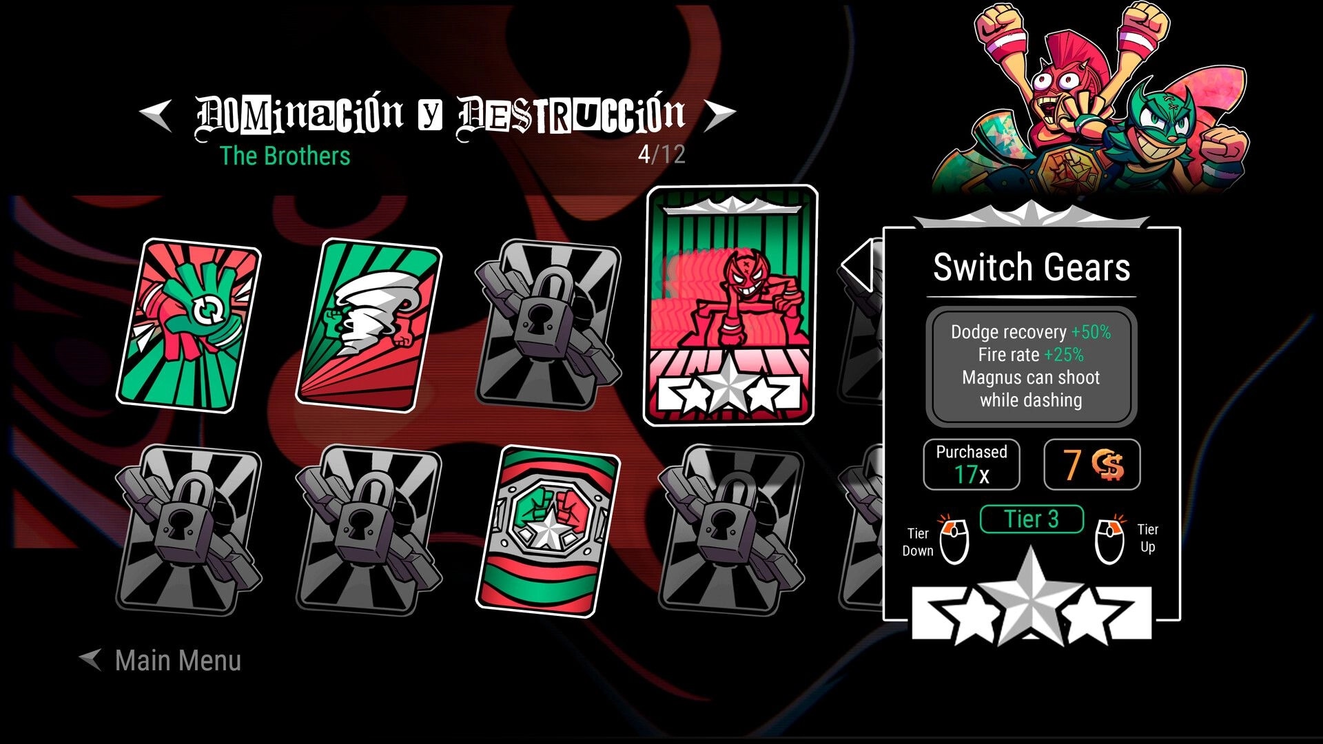 Dream Delirio’s: Card upgrade menu highlighting Switch Gears perk and stats on dark red backdrop.
