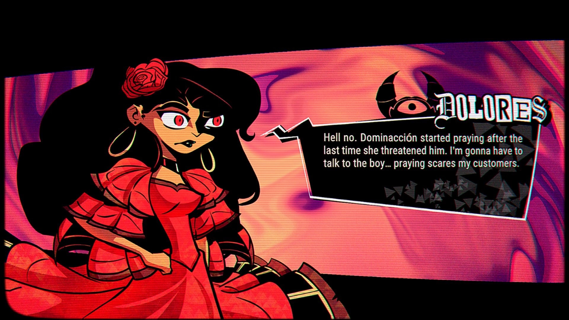 Dream Delirio’s: Dolores dialogue cutscene with portrait and text box on swirling pink backdrop.