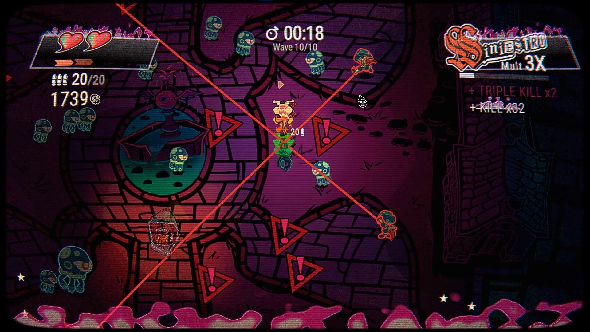 Dream Delirio’s: Magnus fights jelly enemies at Wave 10/10, timer 00:18, combo UI in neon maze.
