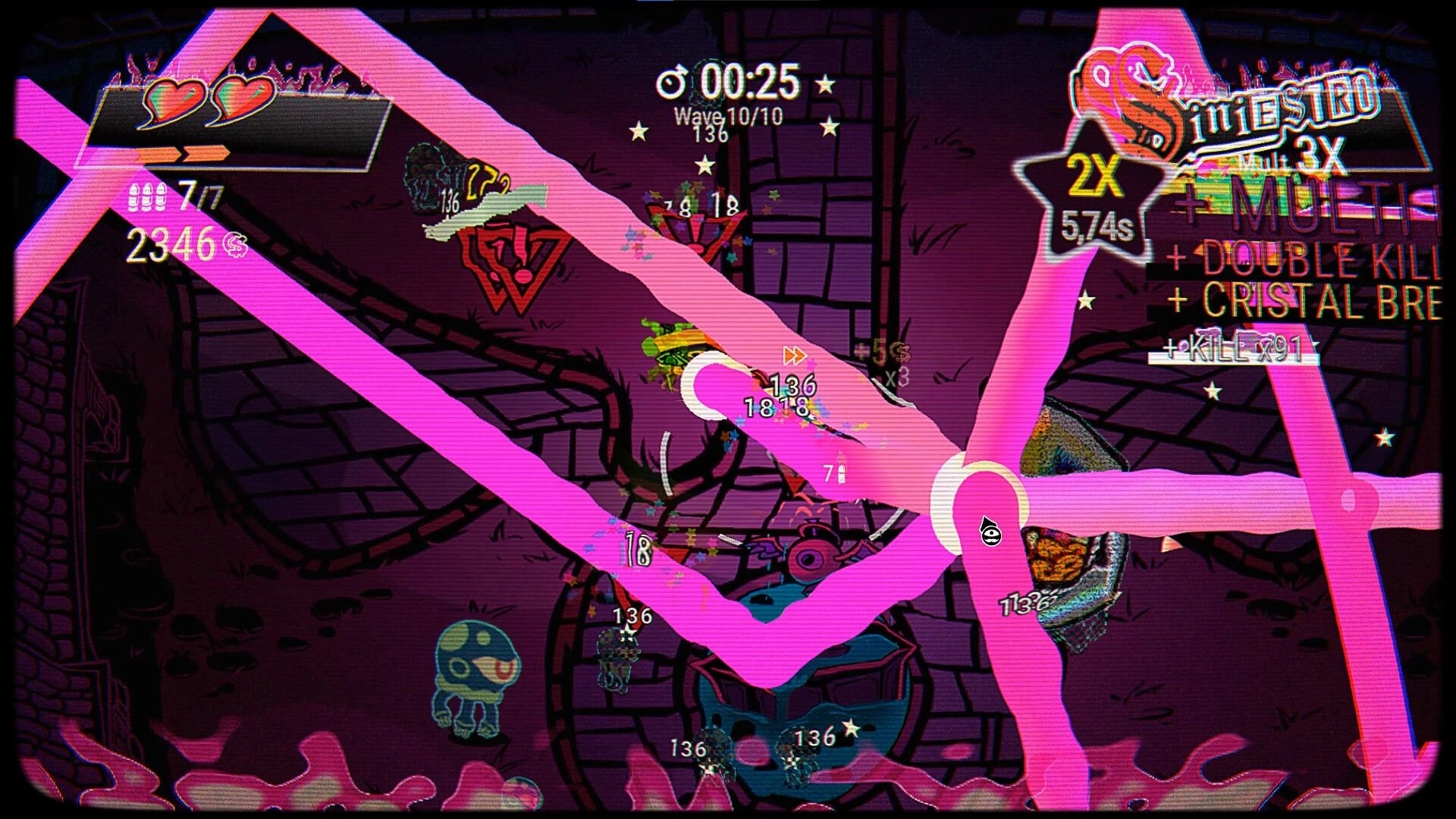 Dream Delirio’s: Wave 10/10 combat with pink laser trails, timer and combo UI in dark maze arena.