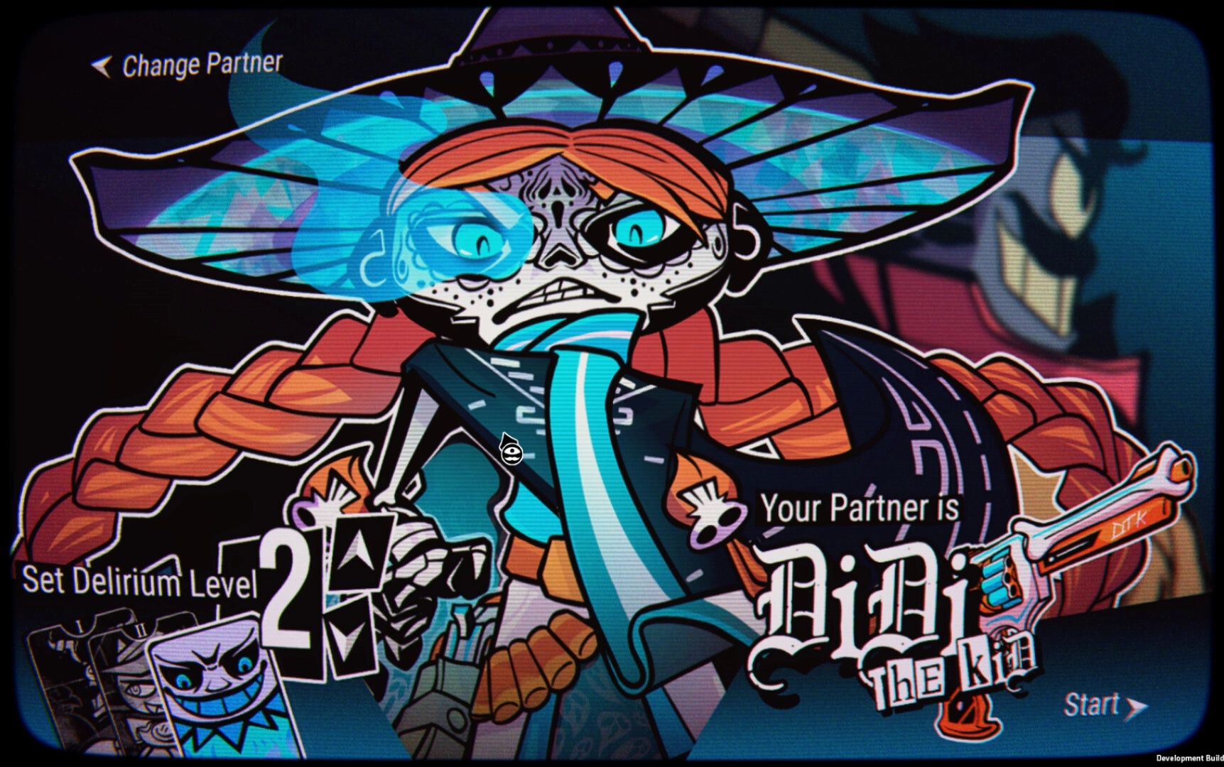 Dream Delirio’s: Partner selection screen showing Didi the kid with Delirium Level 2 and Start button.