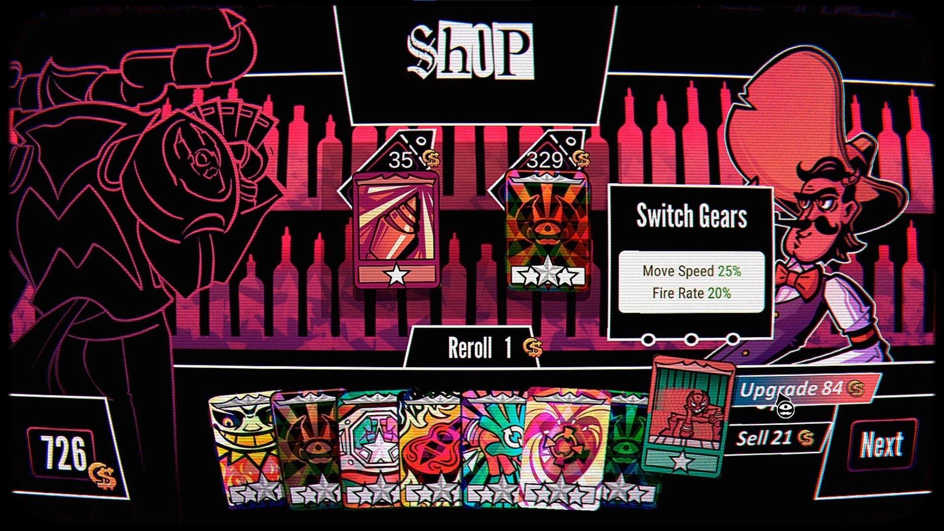 Dream Delirio’s: Shop screen with Switch Gears card stats, reroll and upgrade buttons in neon bar backdrop.