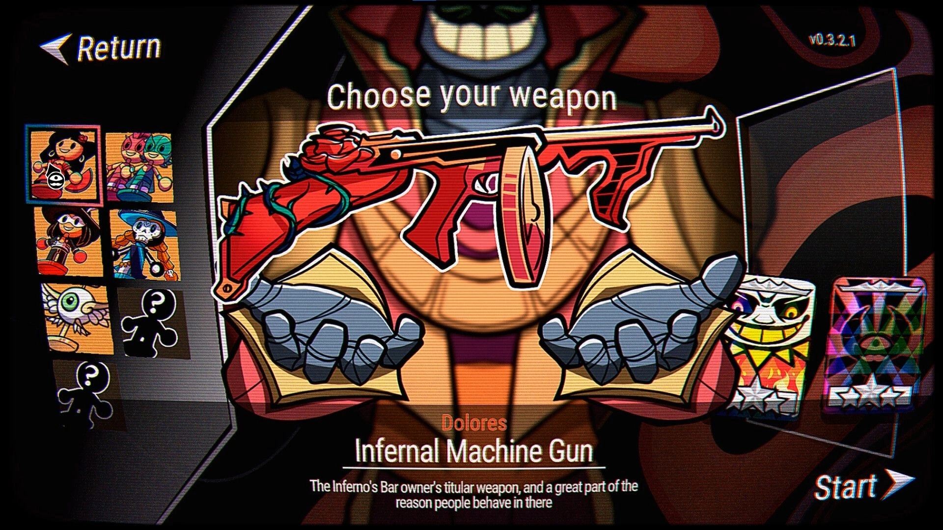 Dream Delirio’s: Weapon select menu highlighting Infernal Machine Gun with character icons and Start button.