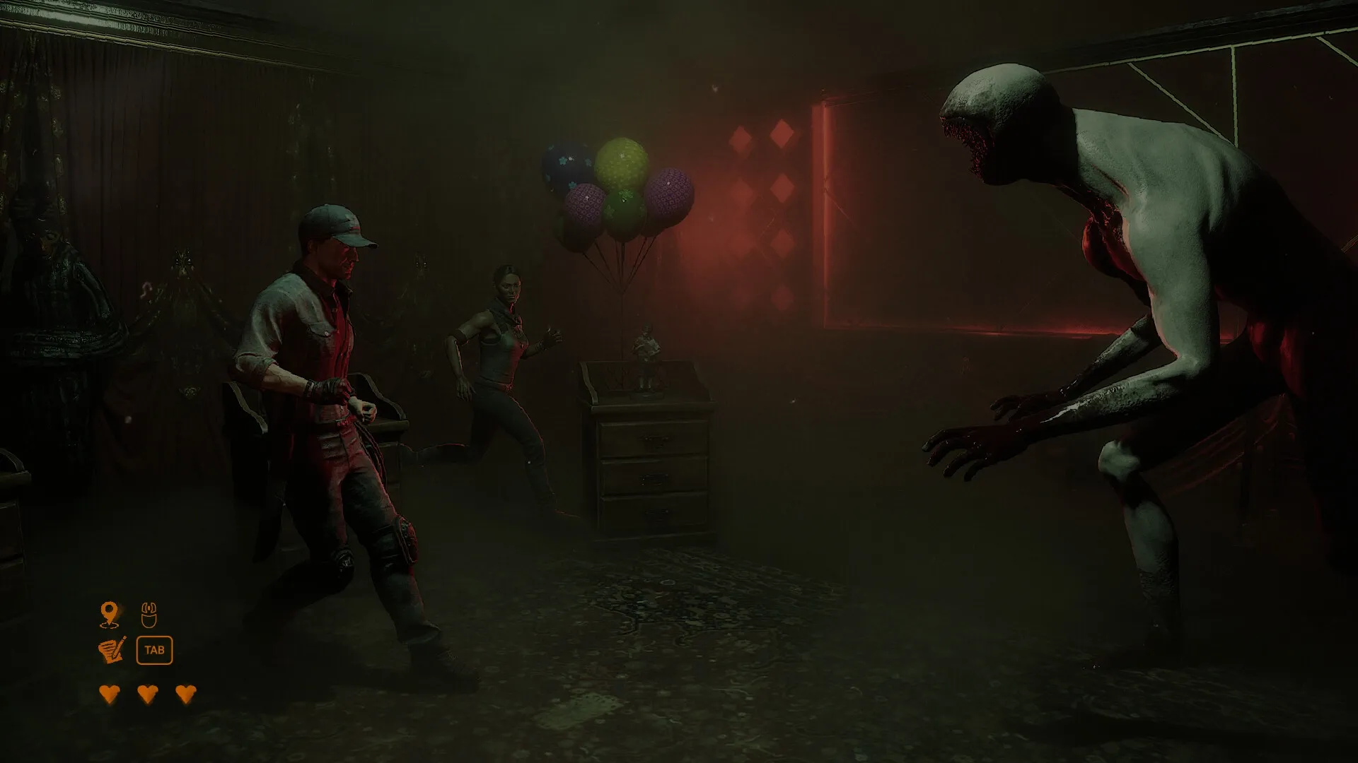 Dream Eaters.exe: Two players flee from a monster in a dimly lit room with balloons and UI health icons.