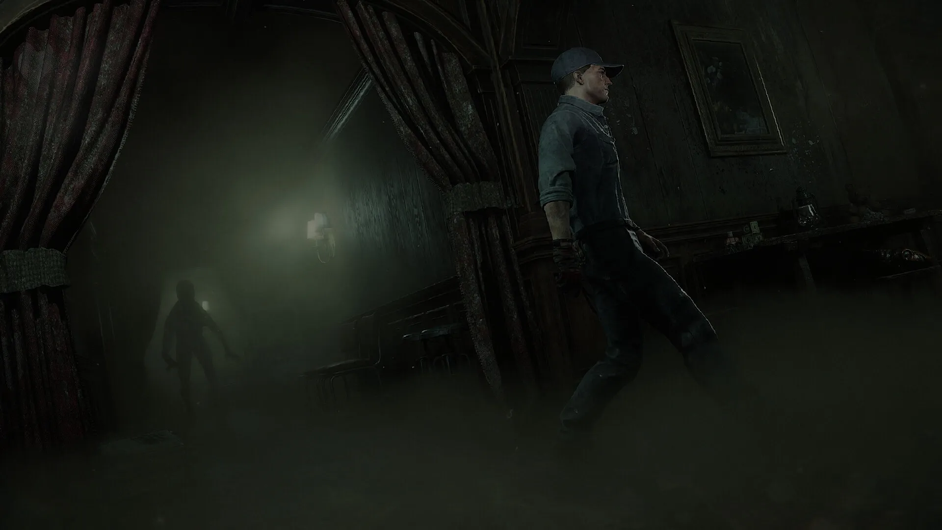 Dream Eaters.exe: Character cautiously walking in dark, foggy hallway with shadowy figure in the distance.