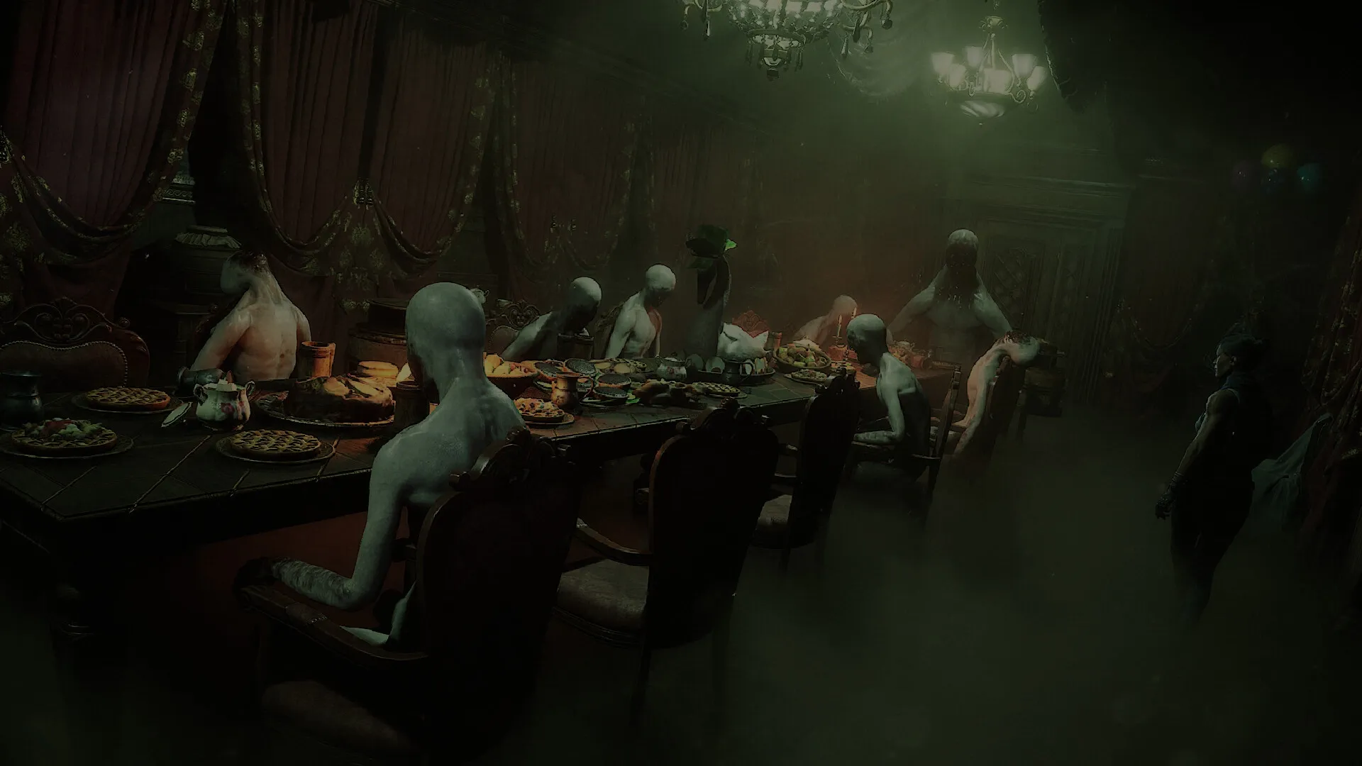 Dream Eaters.exe: Eerie banquet scene with shadowy figures dining in a dimly lit, fog-filled hall.