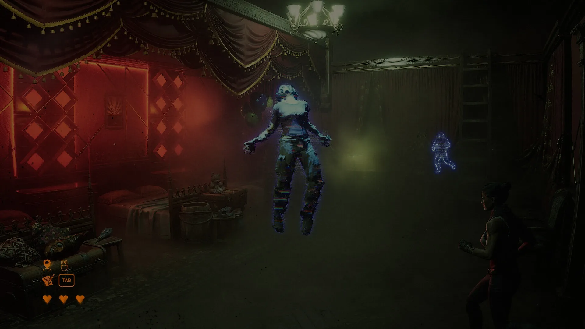 Dream Eaters.exe: Player encounters levitating figure and holographic runner in eerie red-lit bedroom.