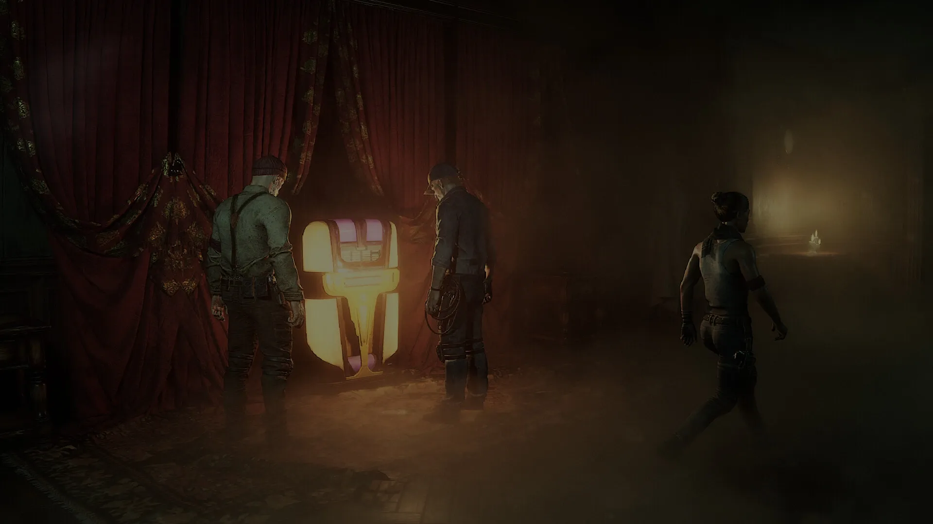 Dream Eaters.exe: Three characters explore a dim room with red drapes and a glowing jukebox.