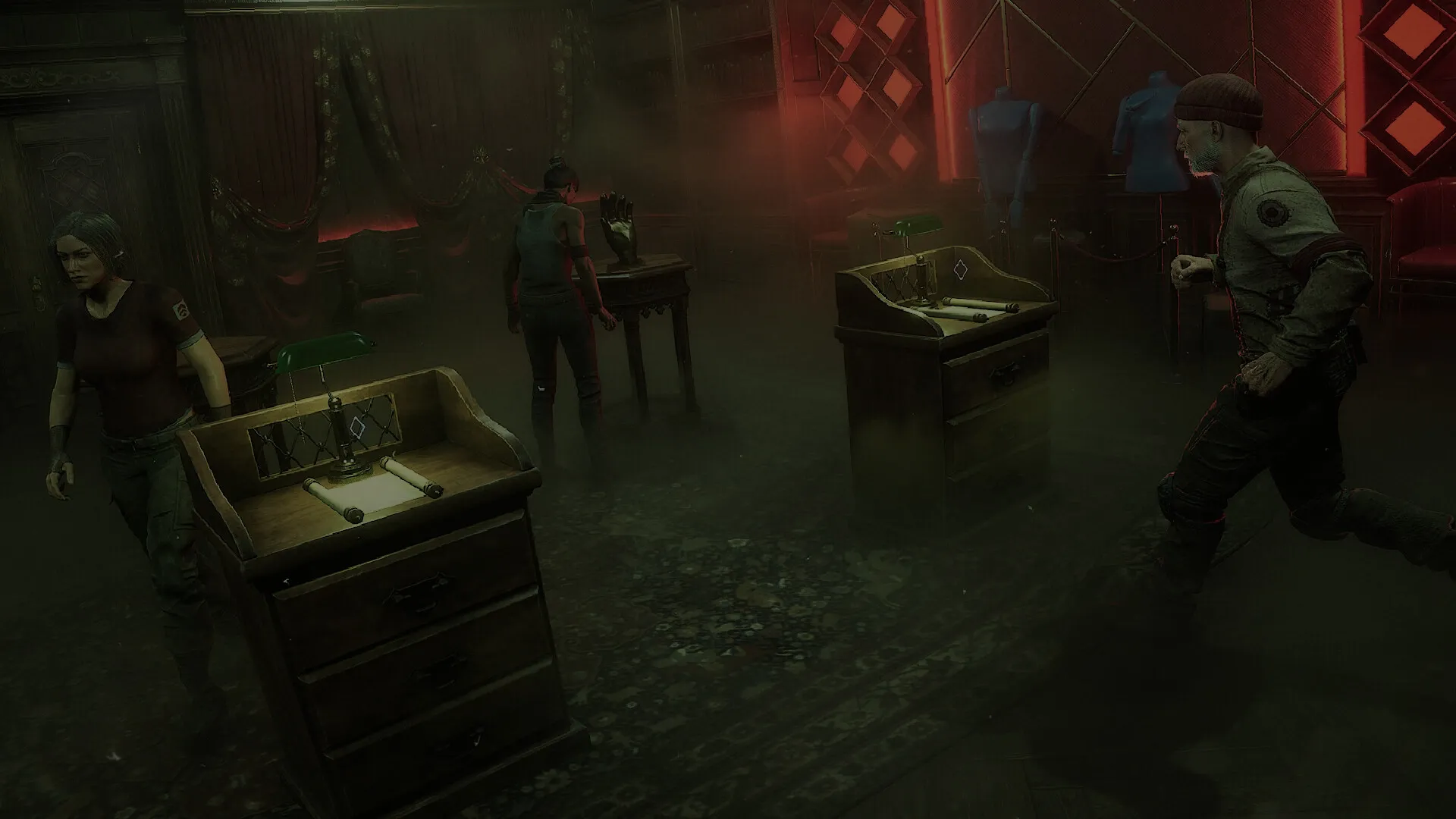 Dream Eaters.exe: Three characters search foggy, dimly lit room with desks and mannequin displays