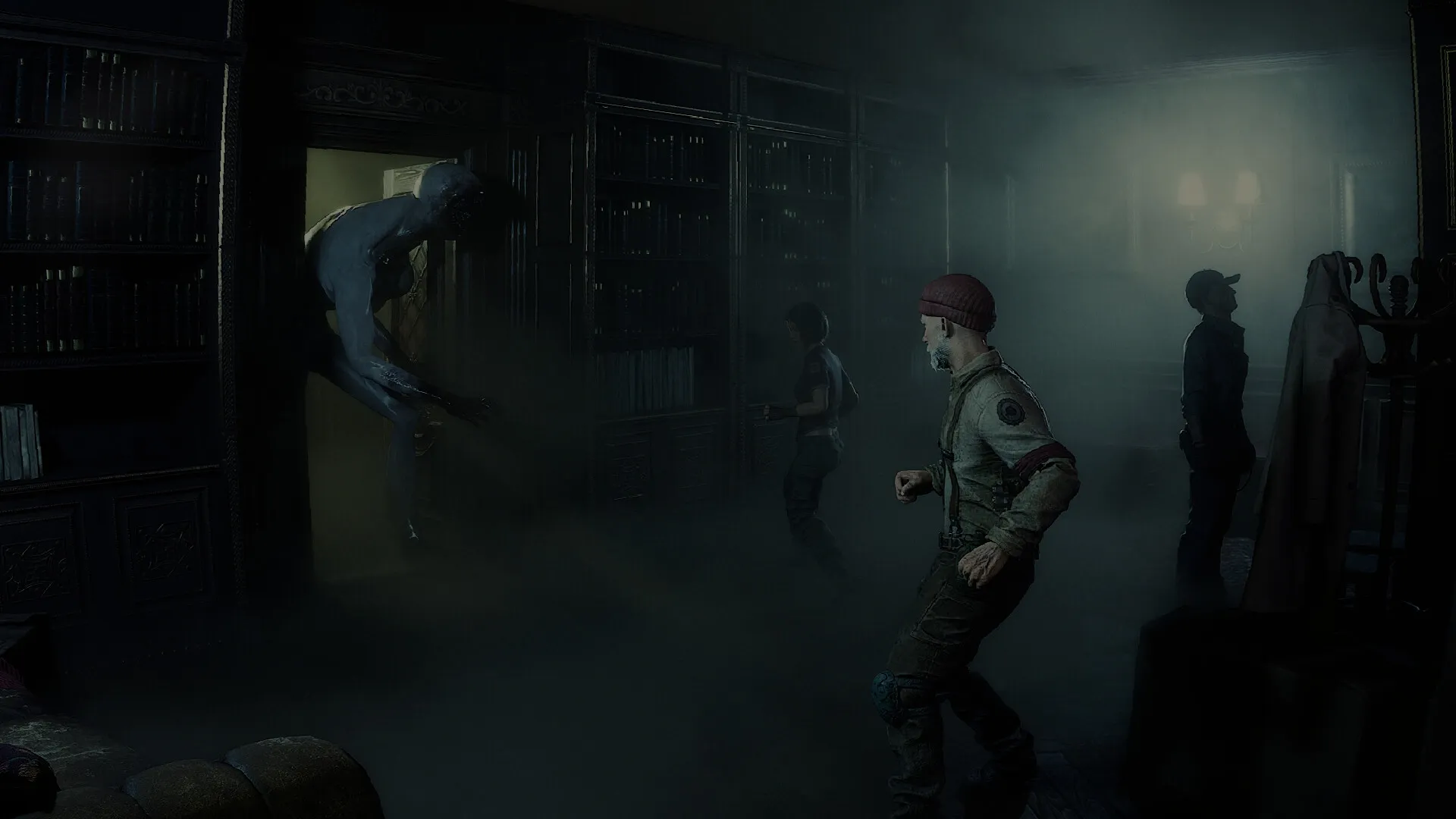 Dream Eaters.exe: Players encounter a lurking monster in a dark, foggy library during a nightmare sequence.