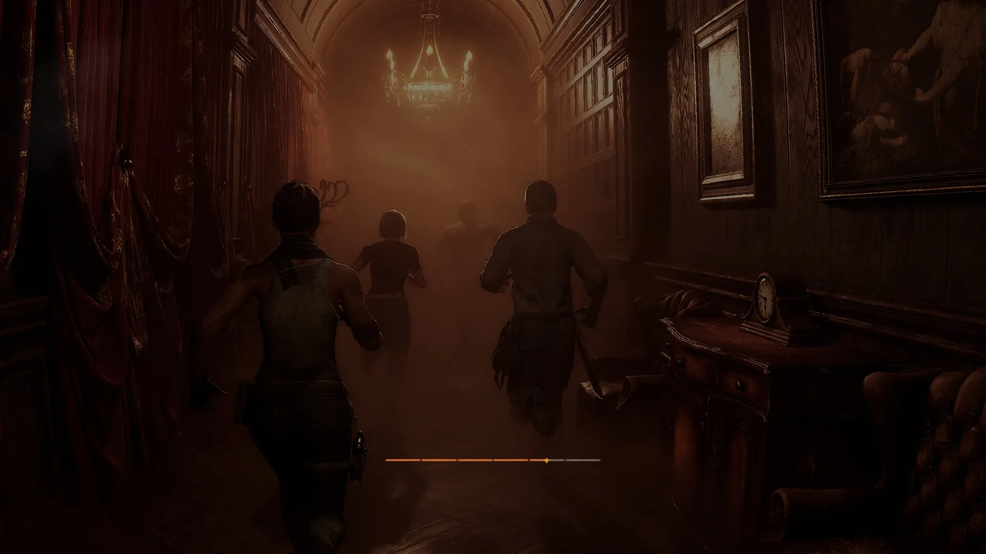 Dream Eaters.exe: Four characters sprint down a dimly lit, eerie hallway with a chandelier overhead.