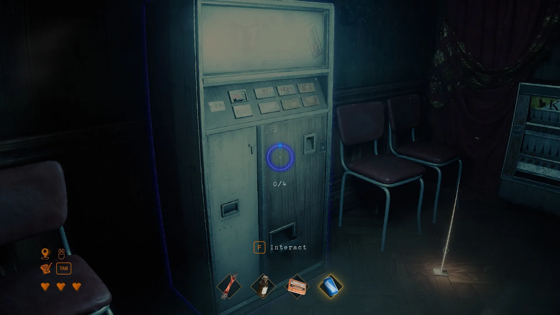 Dream Eaters.exe: Player near vintage vending machine, inventory and interact options visible in dim room