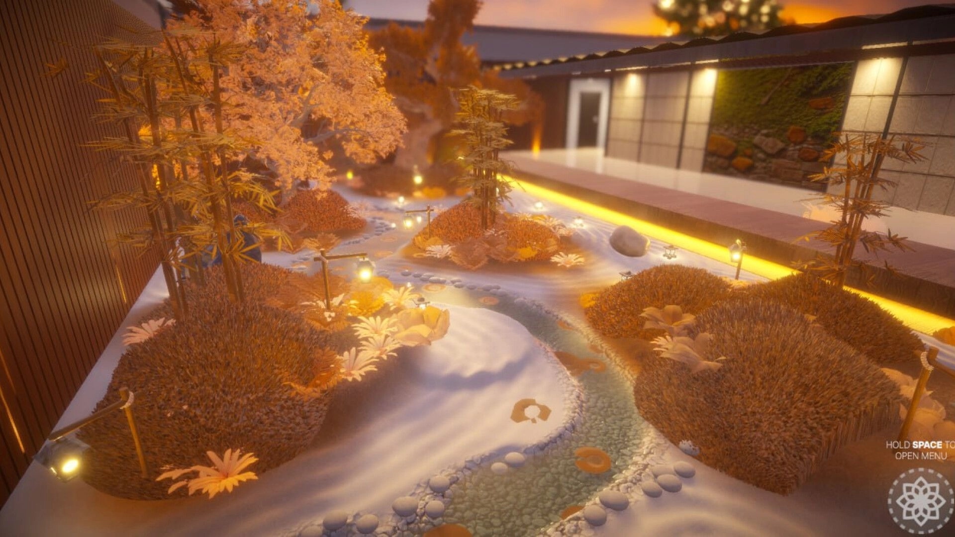 Dream Garden: Serene garden path with flowing stream and lanterns in a tranquil diorama setting