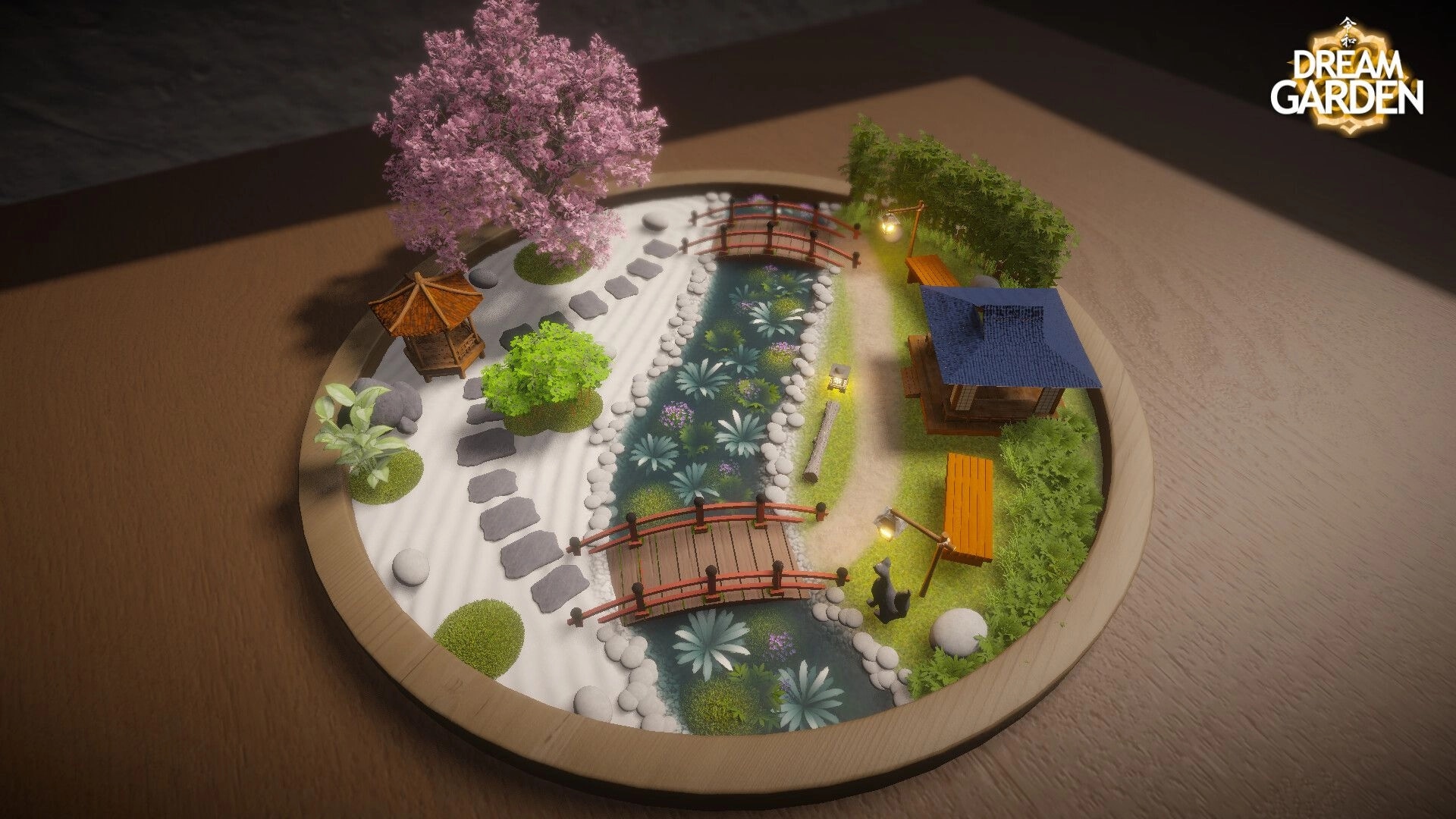 Dream Garden: Miniature garden diorama with cherry blossom, bridges, pond, and wooden gazebo on table