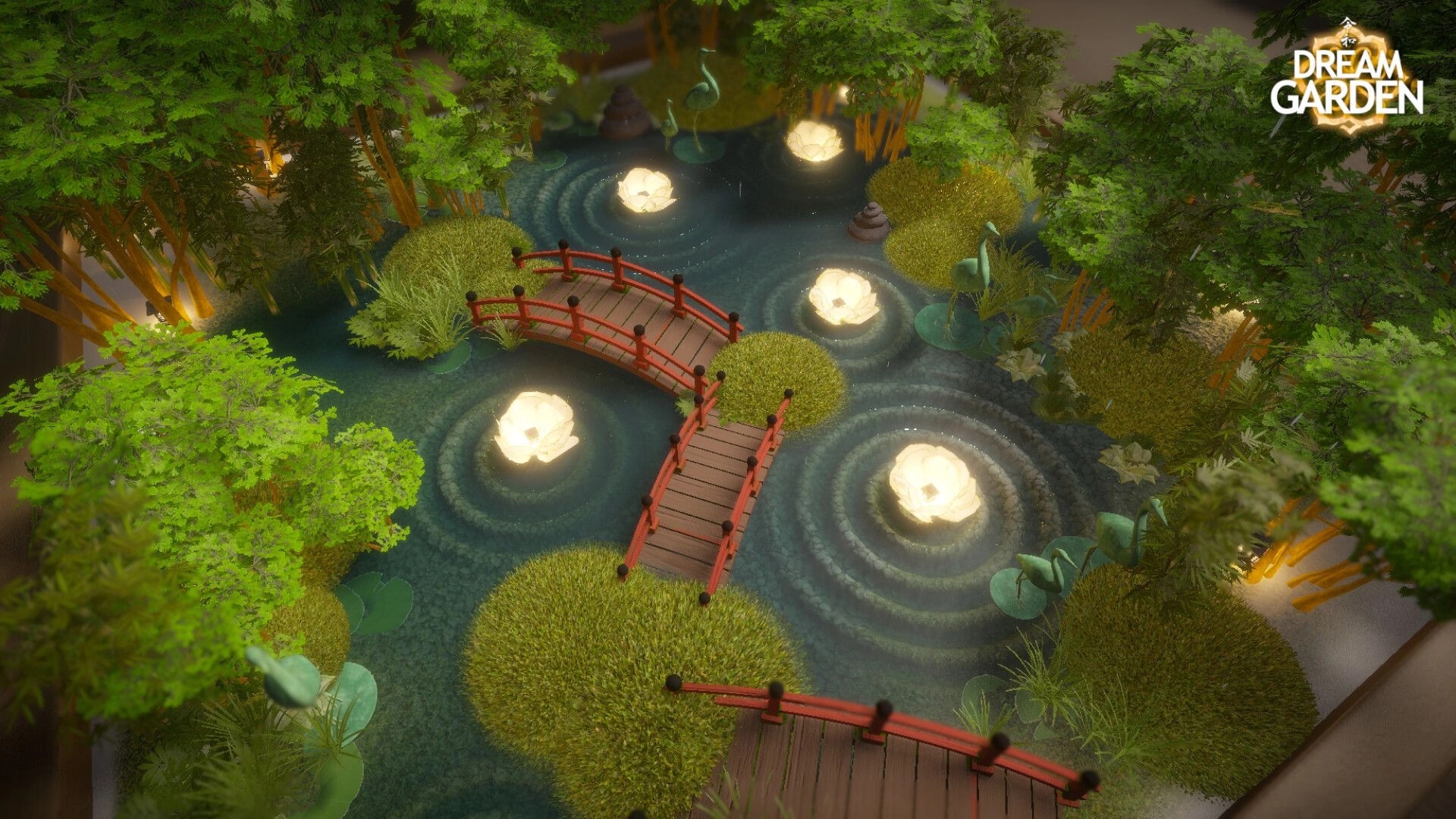 Dream Garden: Serene pond with red bridges, floating lights, surrounded by lush greenery and bamboo trees.