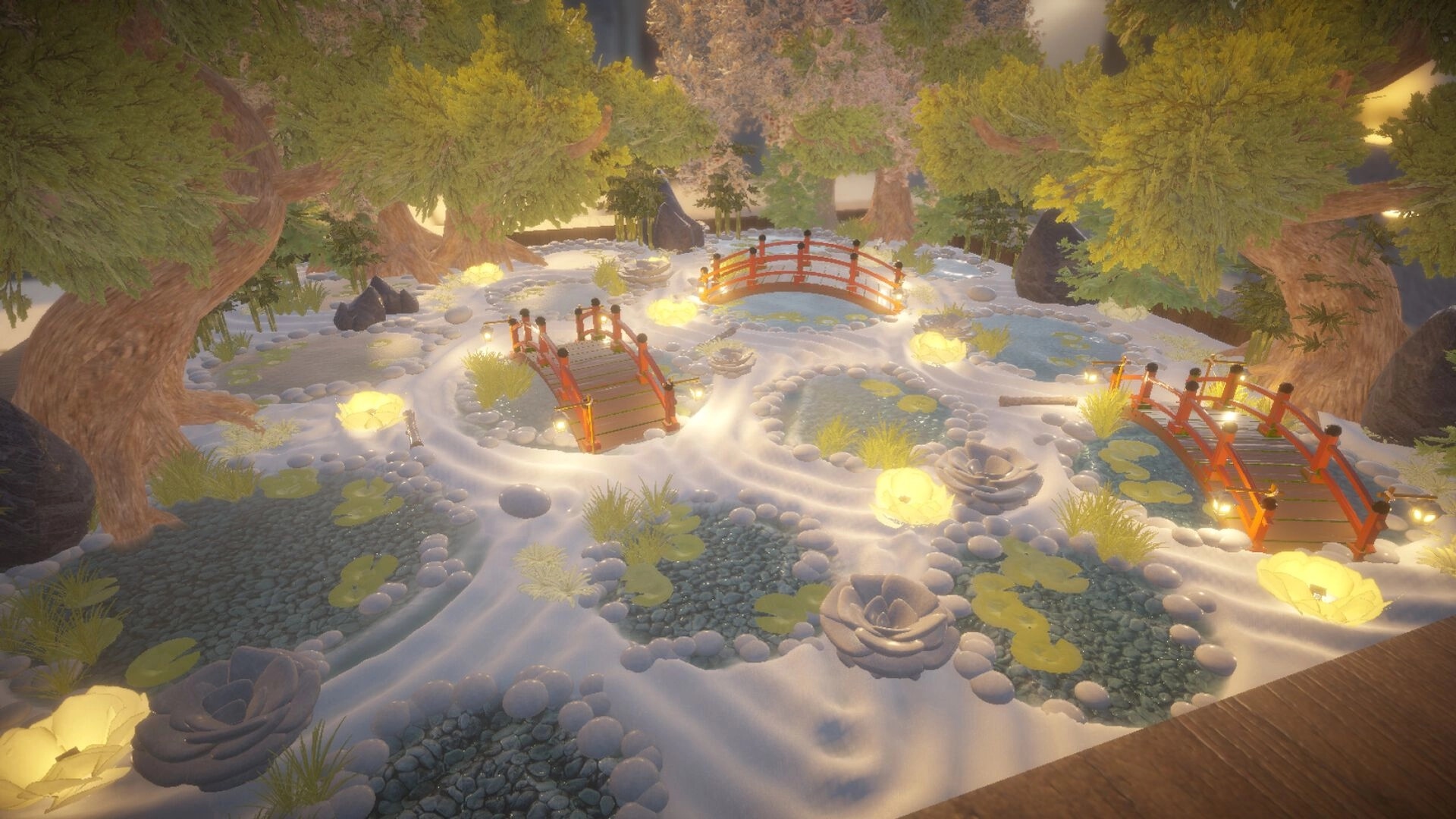 Dream Garden: Serene garden with curved red bridges, illuminated lanterns, and lush trees in twilight.