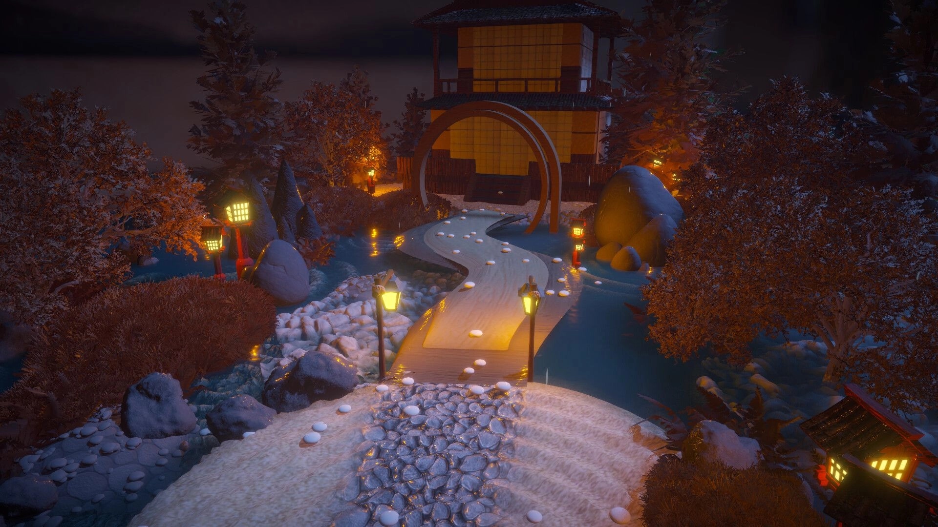 Dream Garden: Serene nighttime garden scene with illuminated path leading to a traditional house