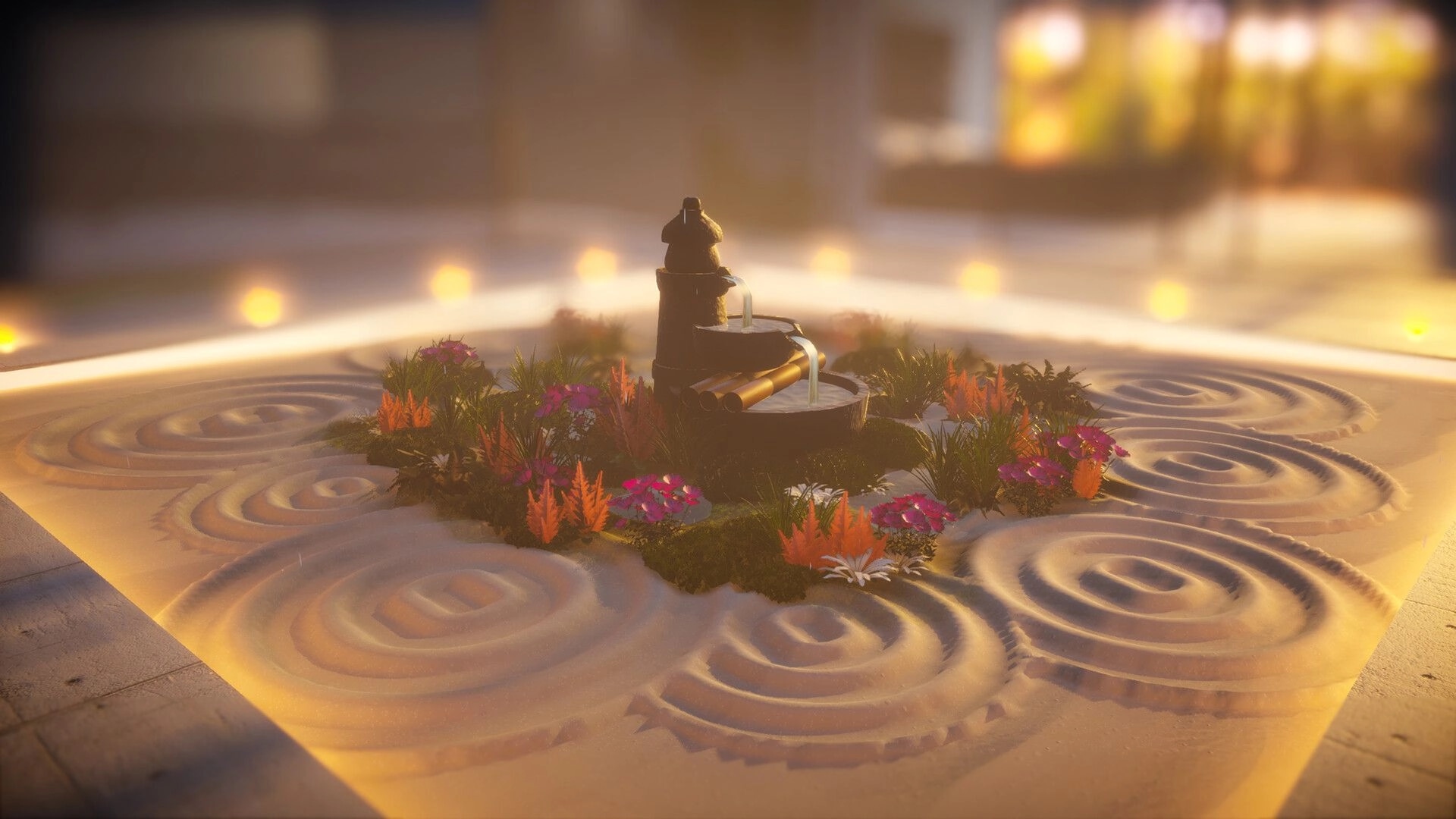 Dream Garden: Central fountain with flowing water, surrounded by vibrant flowers in a sand garden