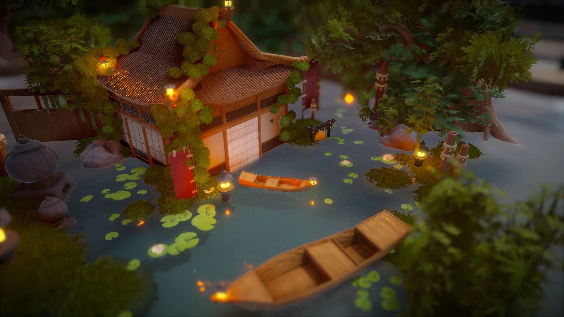 Dream Garden: Serene lakeside with wooden boats and a lantern-lit house surrounded by lush greenery