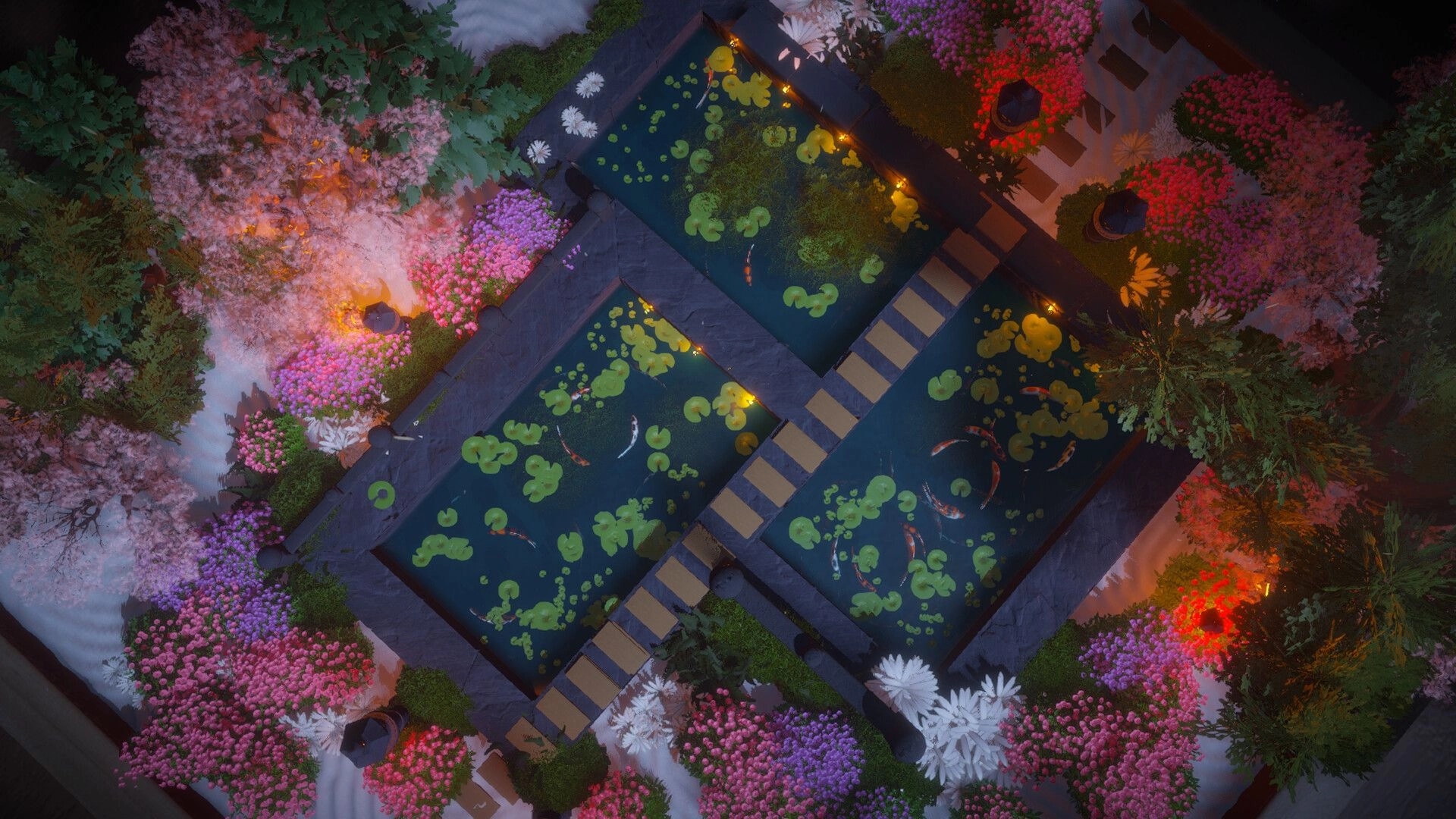 Dream Garden: Top-down view of koi ponds surrounded by vibrant plants and soft ambient lighting