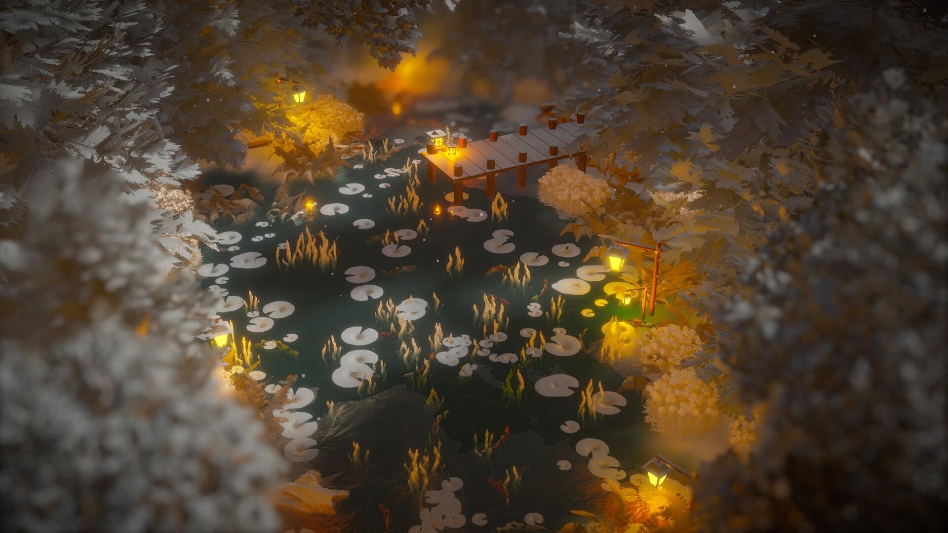 Dream Garden: Serene pond with lily pads and glowing lanterns surrounded by lush trees and foliage