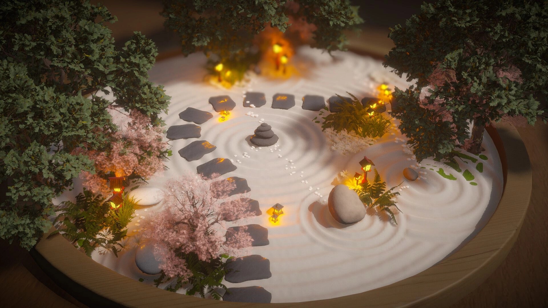 Dream Garden: Serene zen garden diorama with stone path and glowing lanterns surrounded by trees