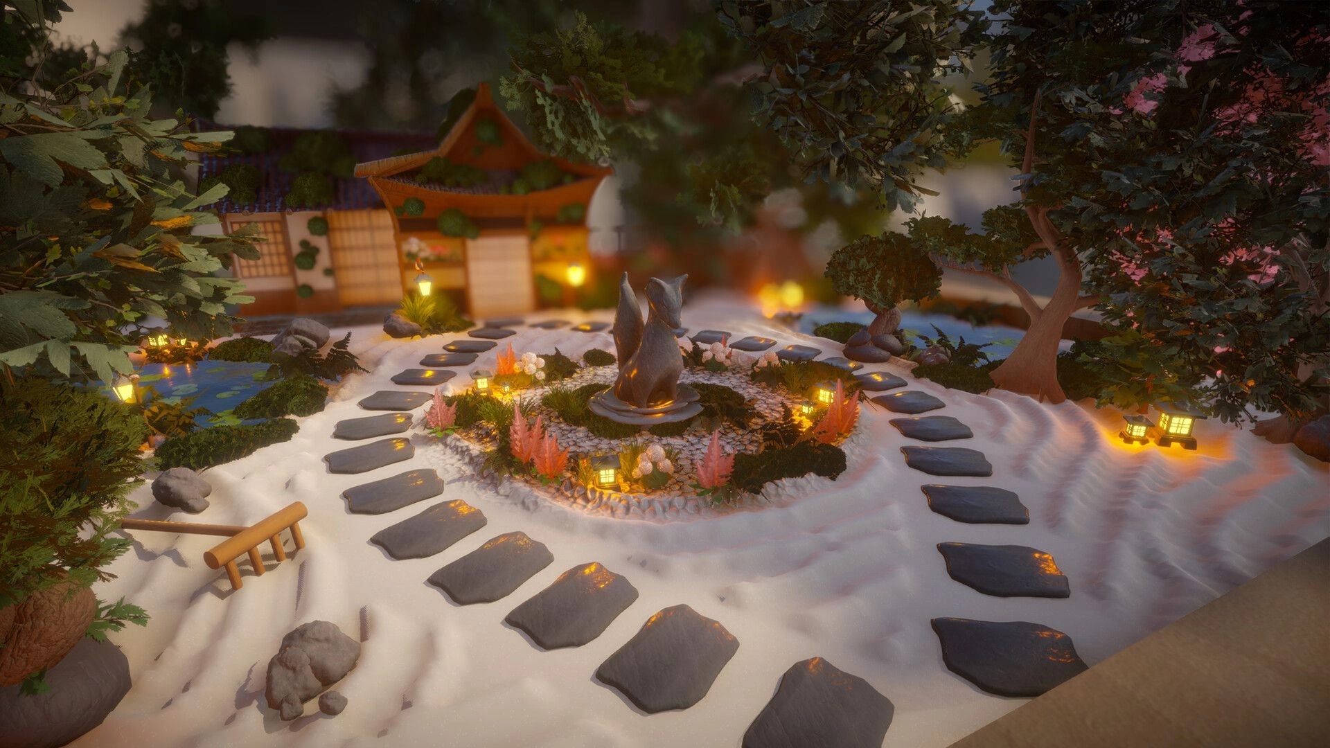 Dream Garden: Serene stone path encircles fox statue in a lush, lantern-lit Japanese garden setting