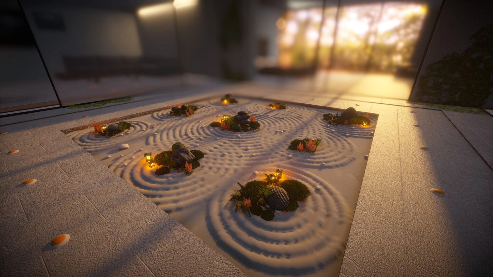Dream Garden: Zen garden with raked sand patterns and small plant clusters in a serene indoor setting.