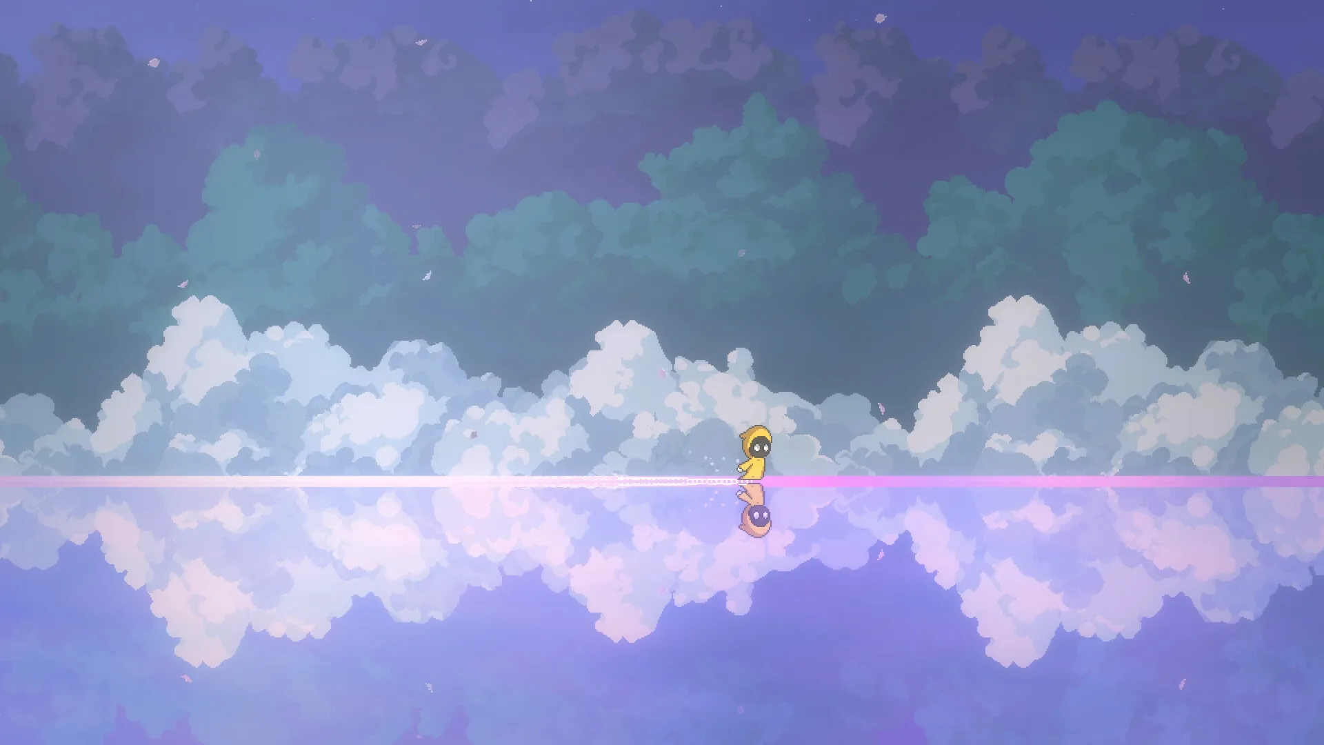 Dream Runner: Soma walking on reflective water surface amidst a dreamy, cloud-filled landscape