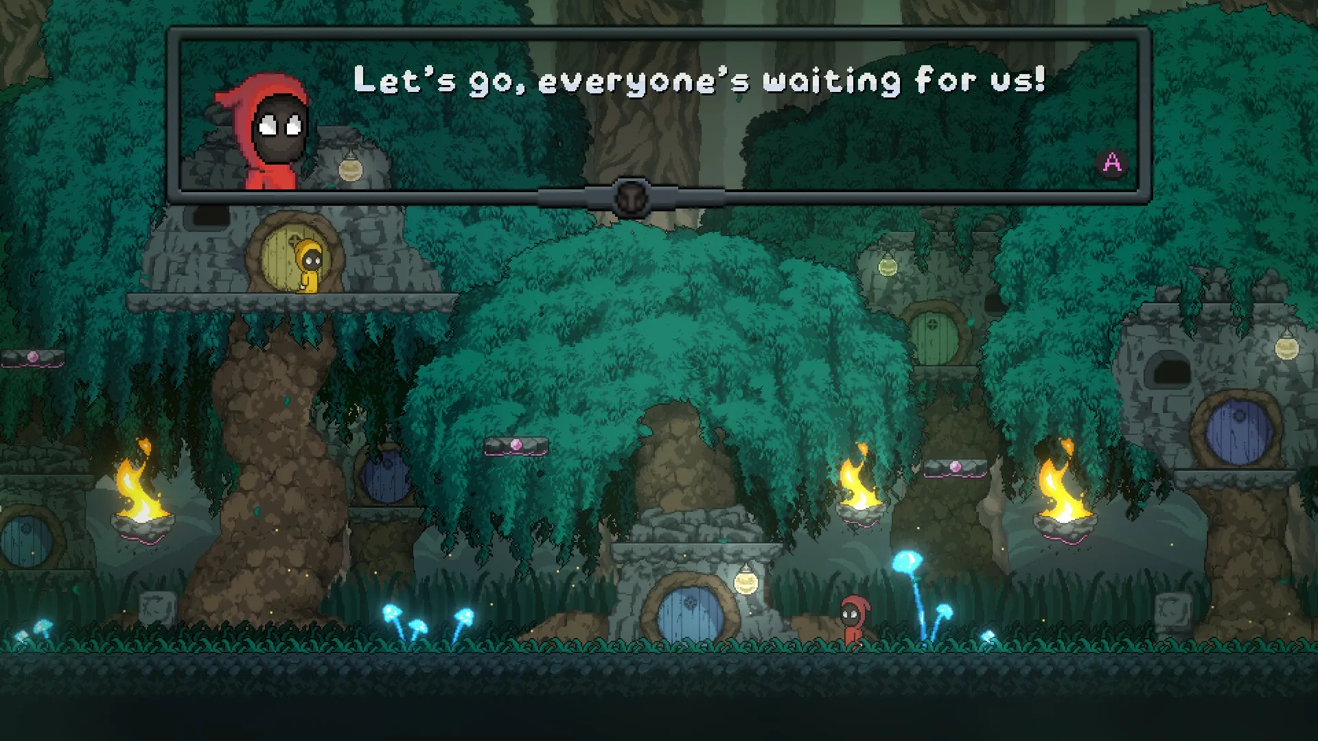 Dream Runner: Soma stands in a mystical forest with glowing doors and floating fire torches.