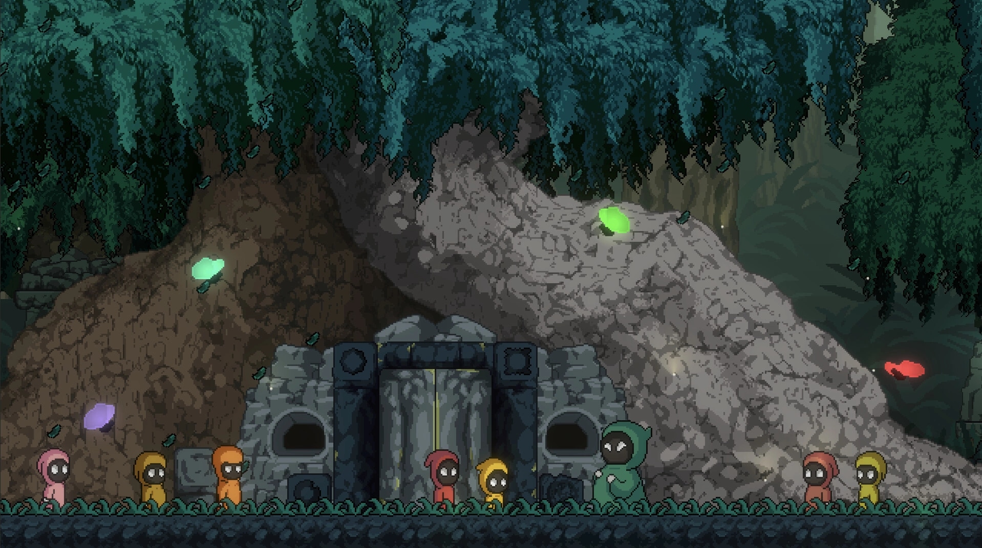 Dream Runner: Soma and colorful figures stand before a stone gate in a lush forest environment