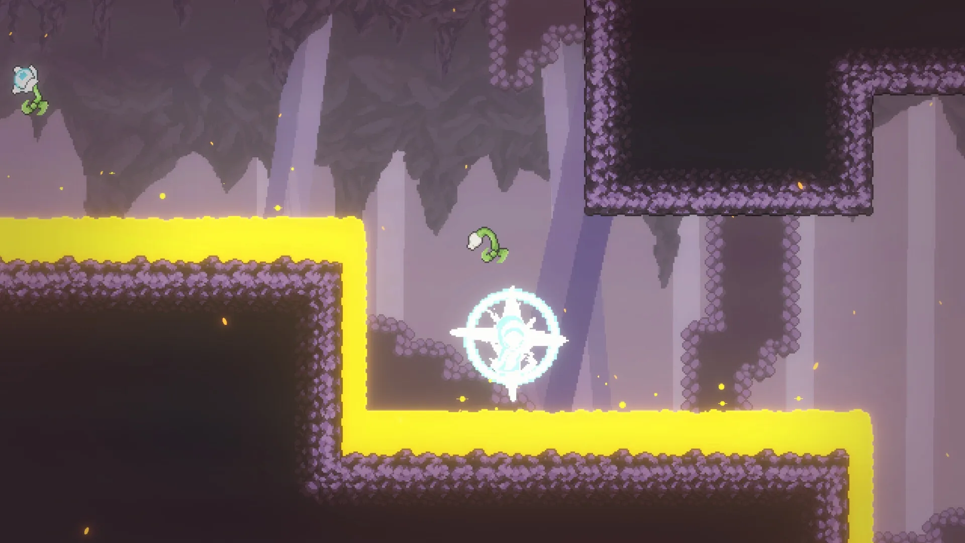 Dream Runner: Soma jumps over glowing platforms in a cavernous environment with purple walls