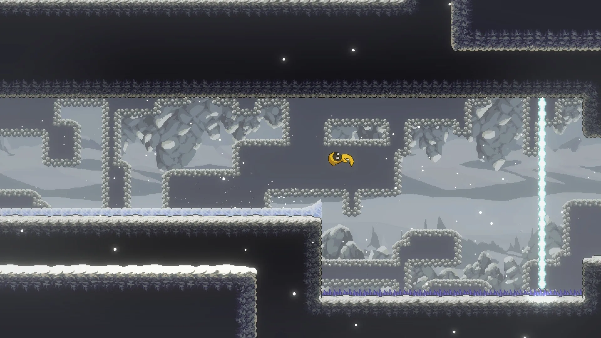 Dream Runner: Soma jumps through snowy cave platforming section with glowing vertical light beam nearby