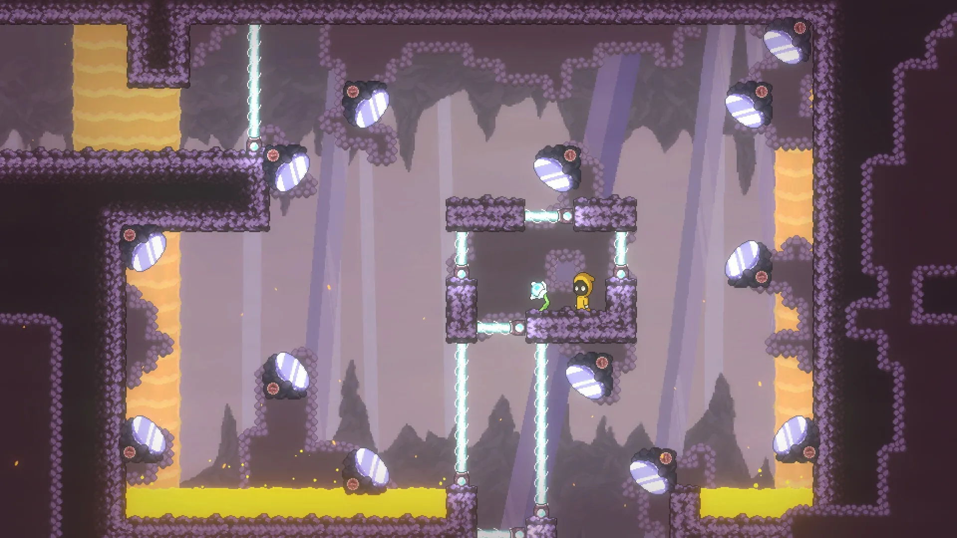 Dream Runner: Soma navigating a cave with moving platforms and glowing barriers in puzzle section