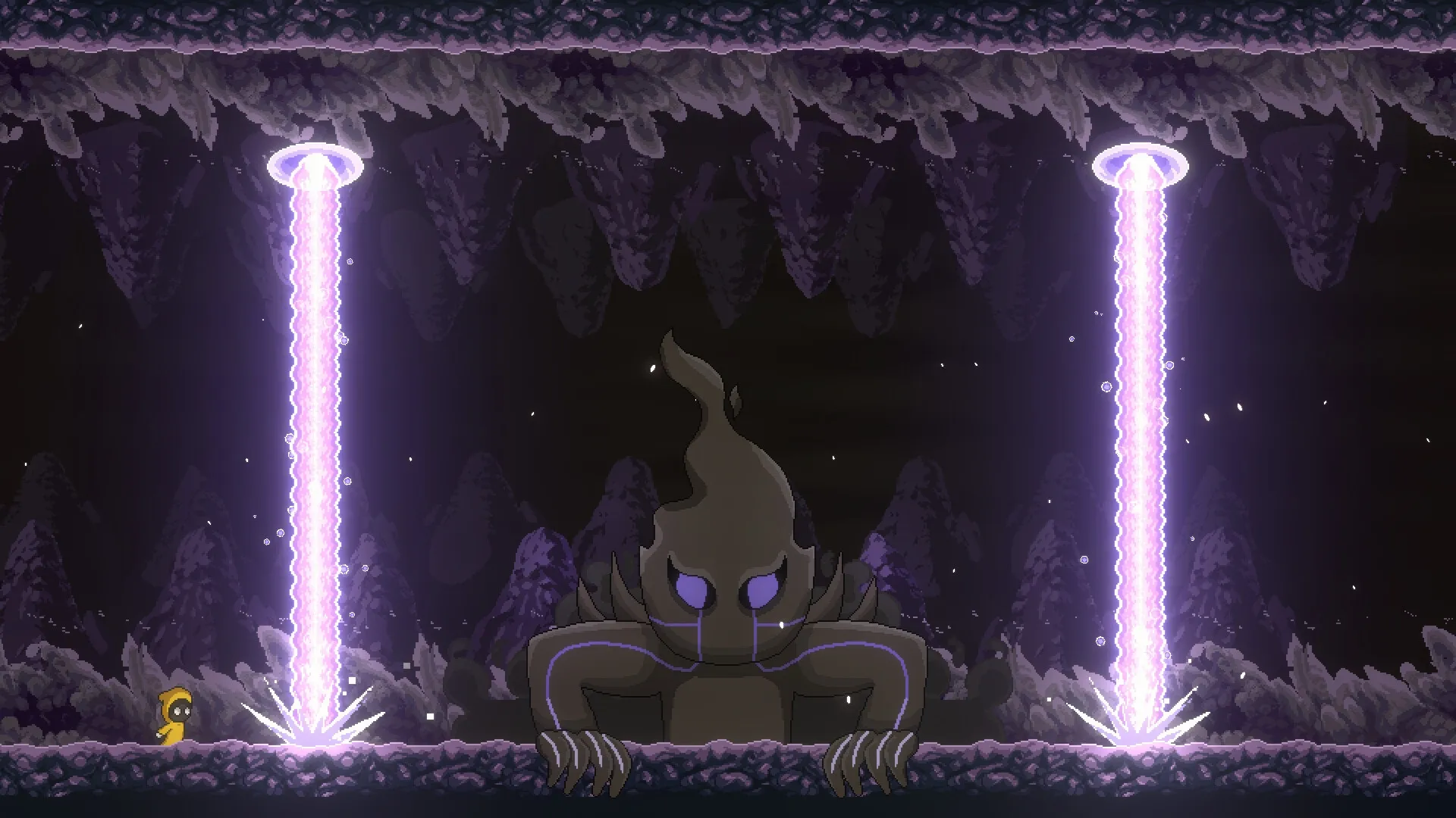 Dream Runner: Soma faces a large shadowy creature between two glowing energy beams in a cave setting