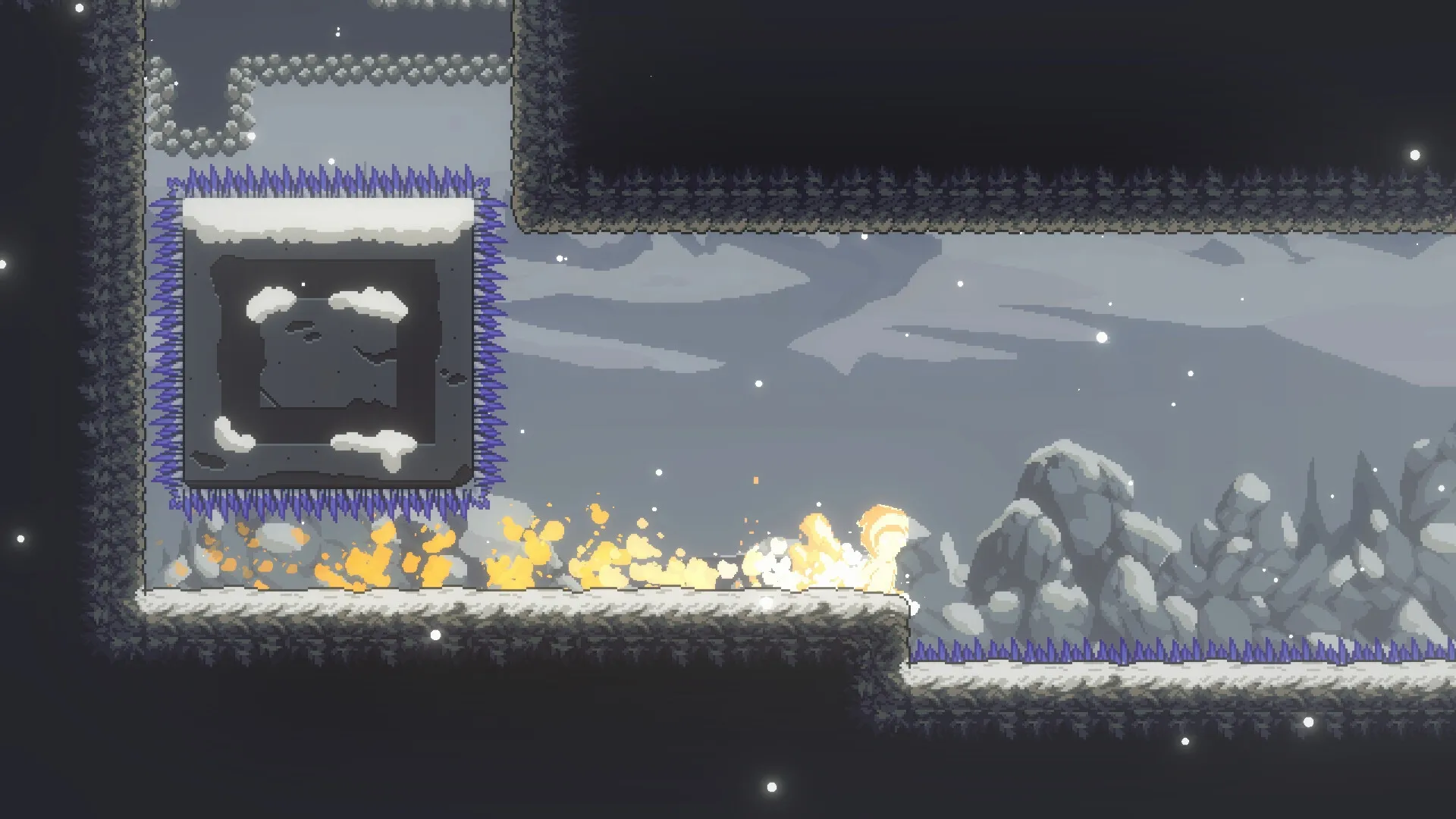 Dream Runner: Soma dashing through snowy cave with spikes and rocky mountains in the background