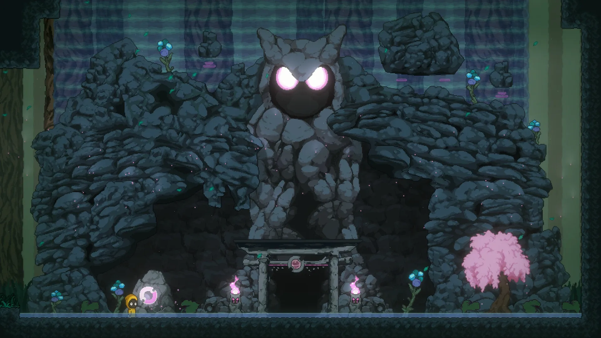 Dream Runner: Soma stands before a stone owl statue in a mystical cave with glowing flowers.