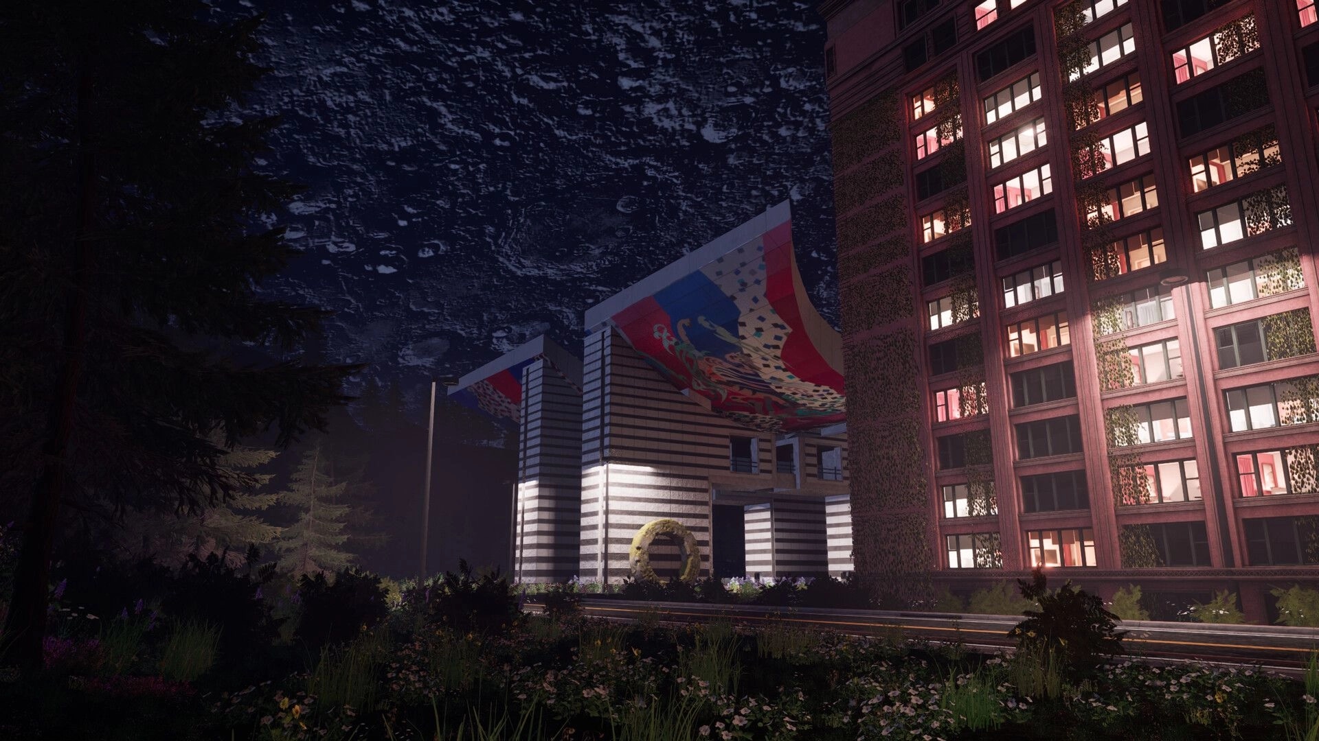 Dream Voyage: Exploring surreal architectural landscape under a starry night sky with illuminated buildings