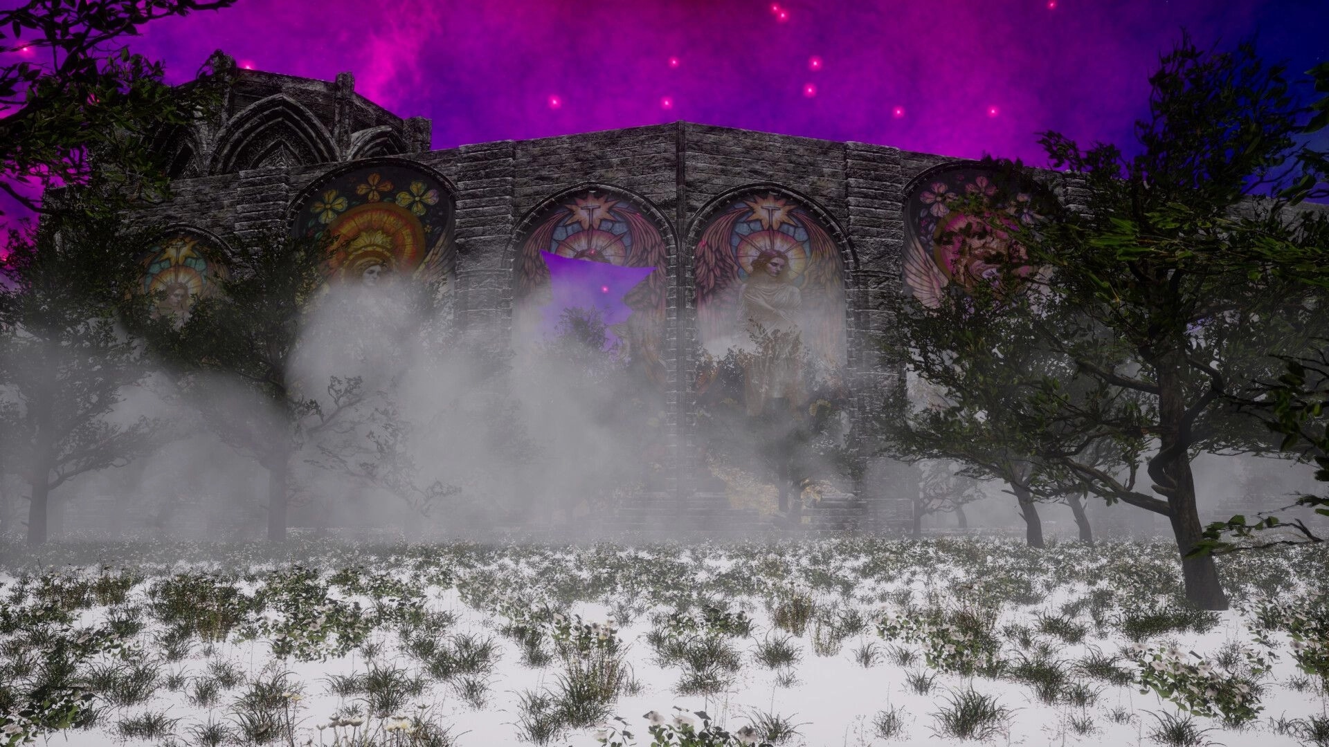 Dream Voyage: Foggy forest with stained glass cathedral under a vibrant purple sky