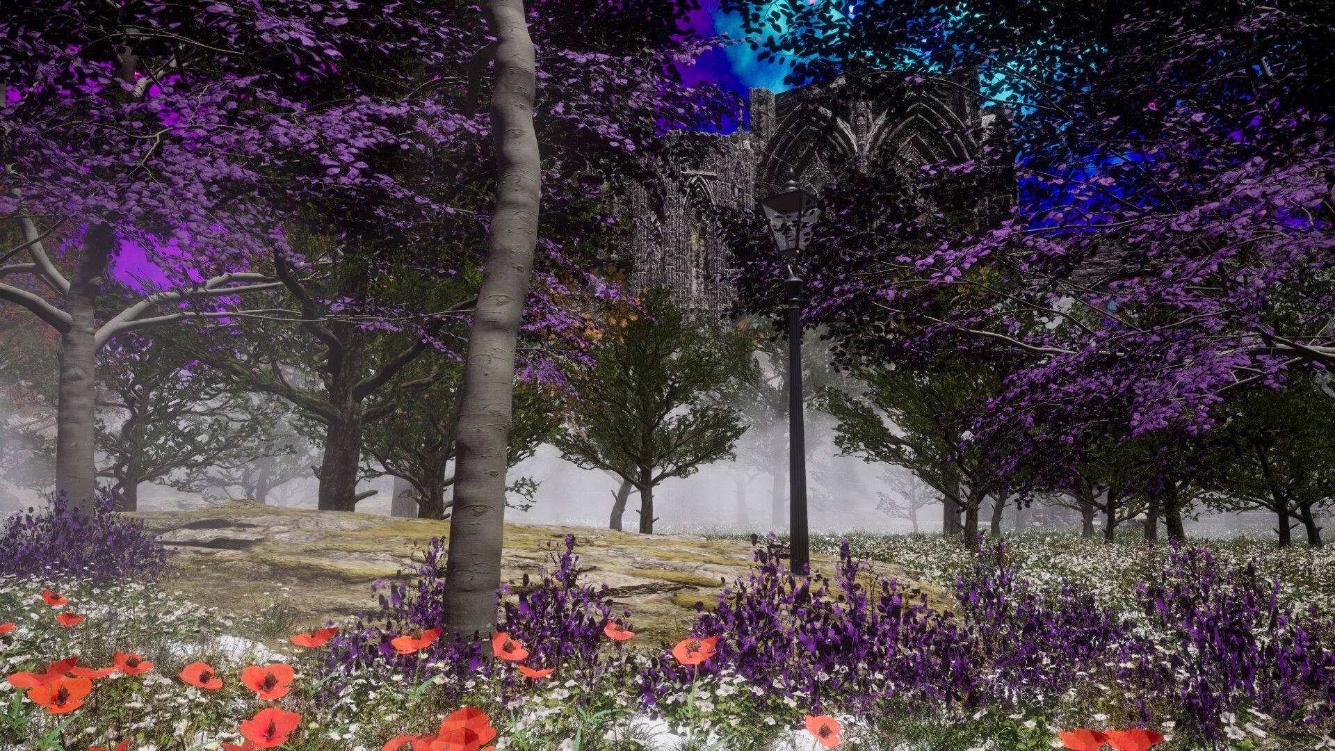 Dream Voyage: Exploring vibrant forest with purple trees and colorful flowers under a mystical sky
